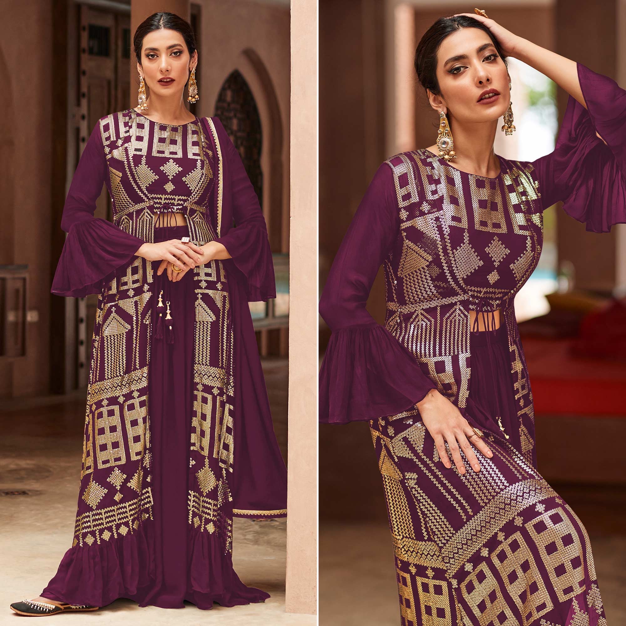 Purple Sequins Embroidered Georgette Sharara Choli With Jacket