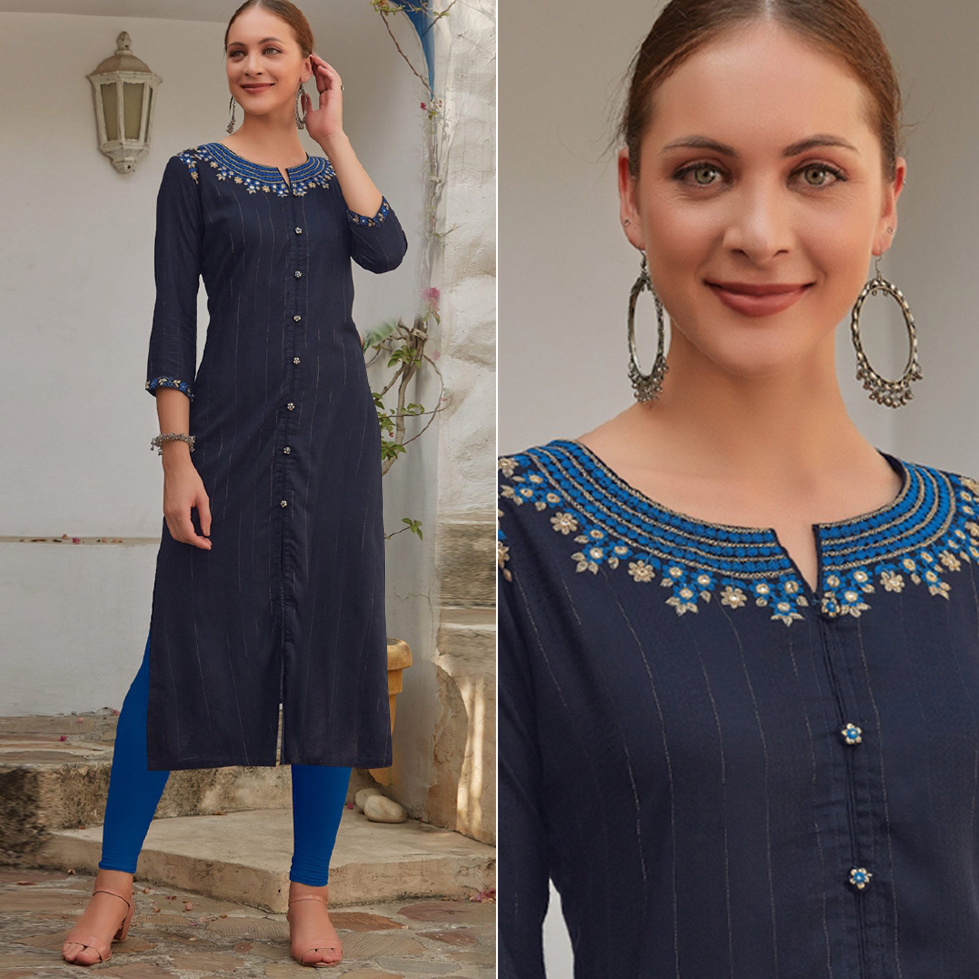 Navy Blue Floral Embroidered Cotton Blend Kurti