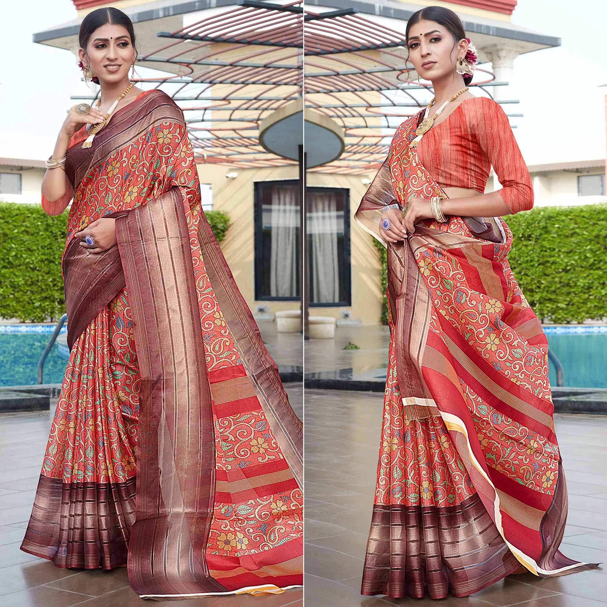 Red Floral Digital Printed Cotton Blend Saree