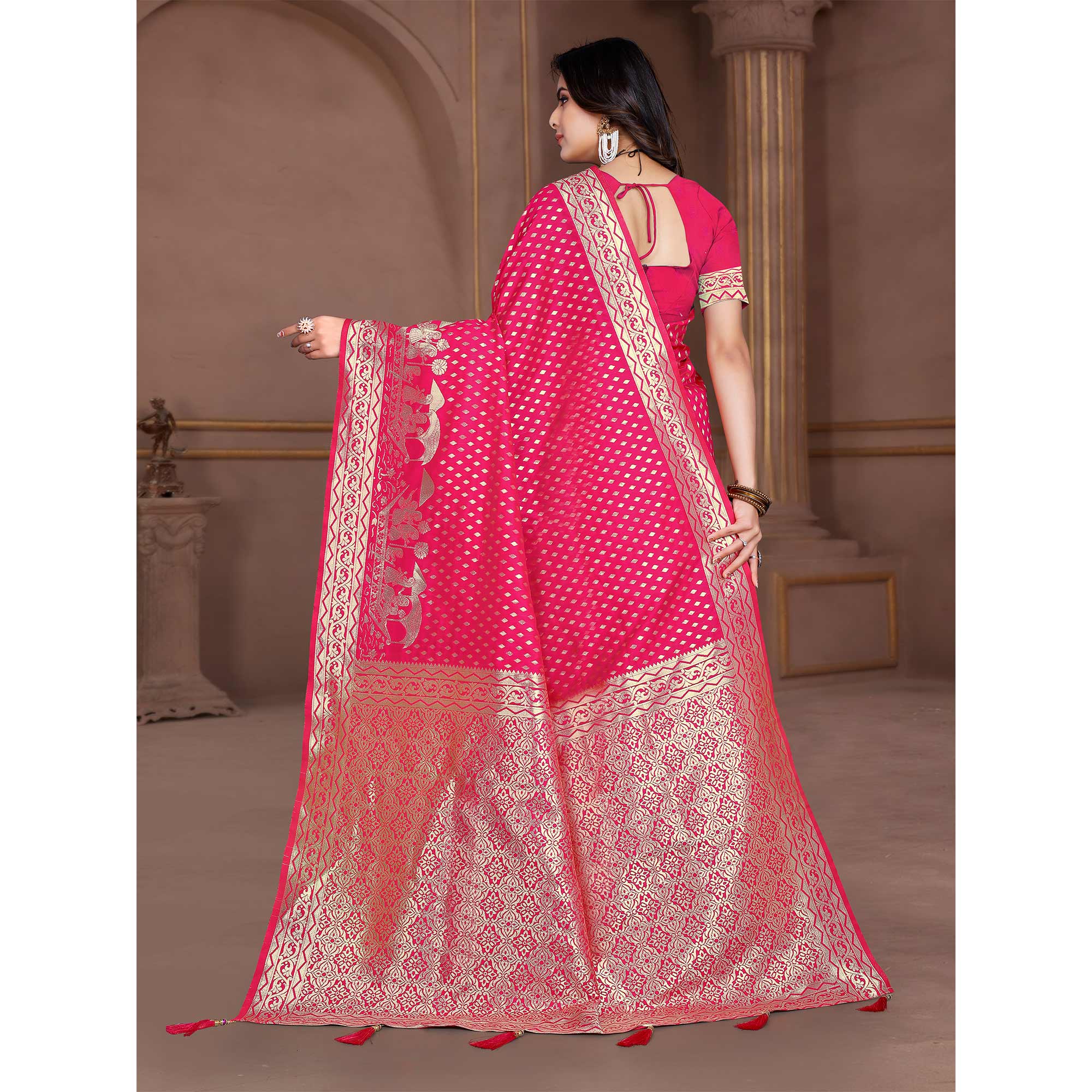 Rani Pink Woven Banarasi Silk Saree With Tassels