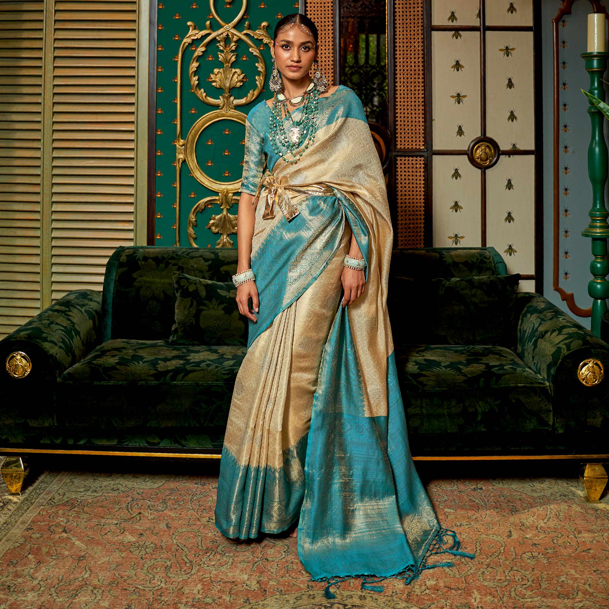 Beige Woven Art Silk Saree With Tassels