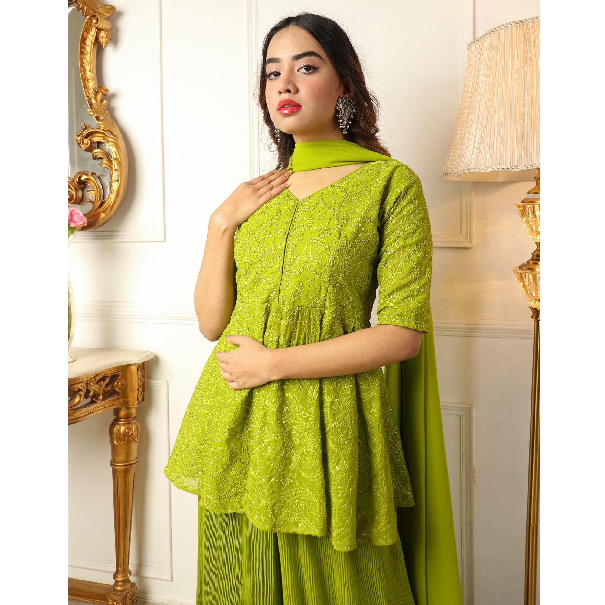 Green Sequins Embroidered Georgette Sharara Suit