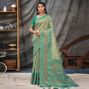 Green- Gold Woven Organza Saree