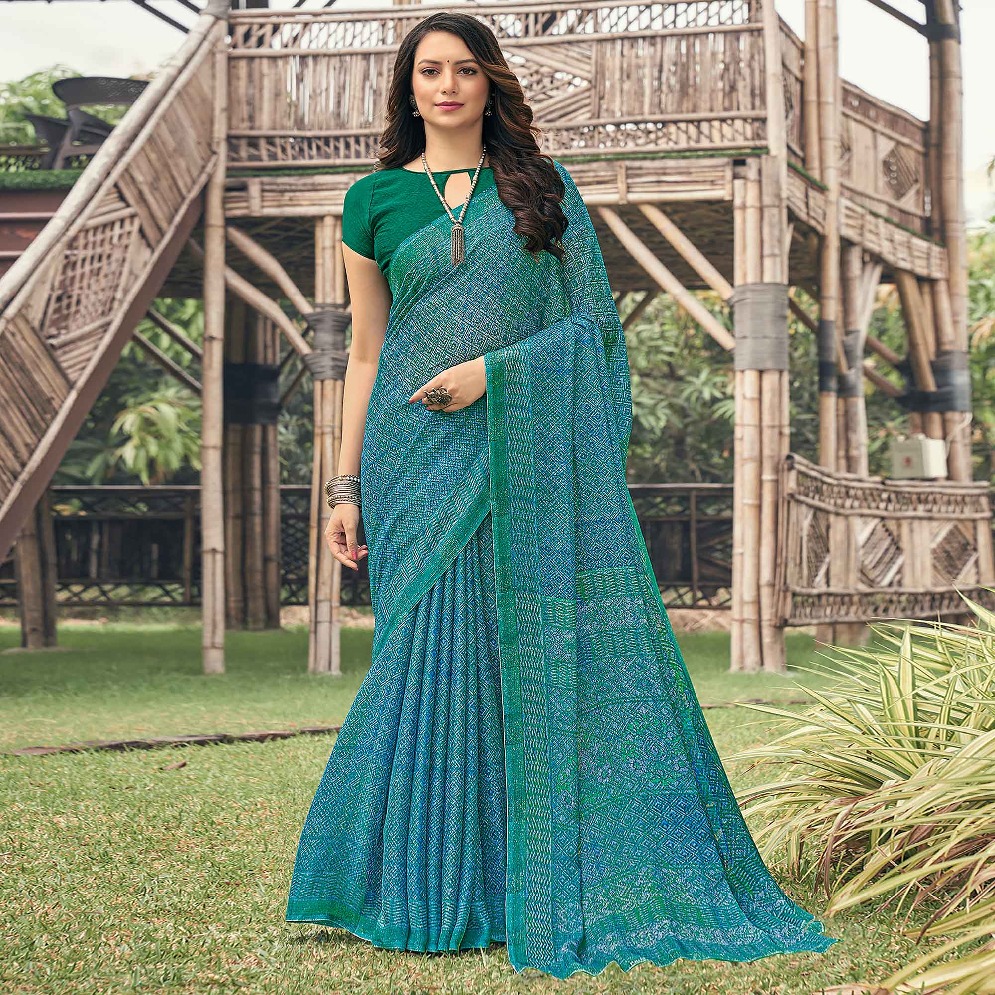 Green & Blue Printed Chiffon Saree