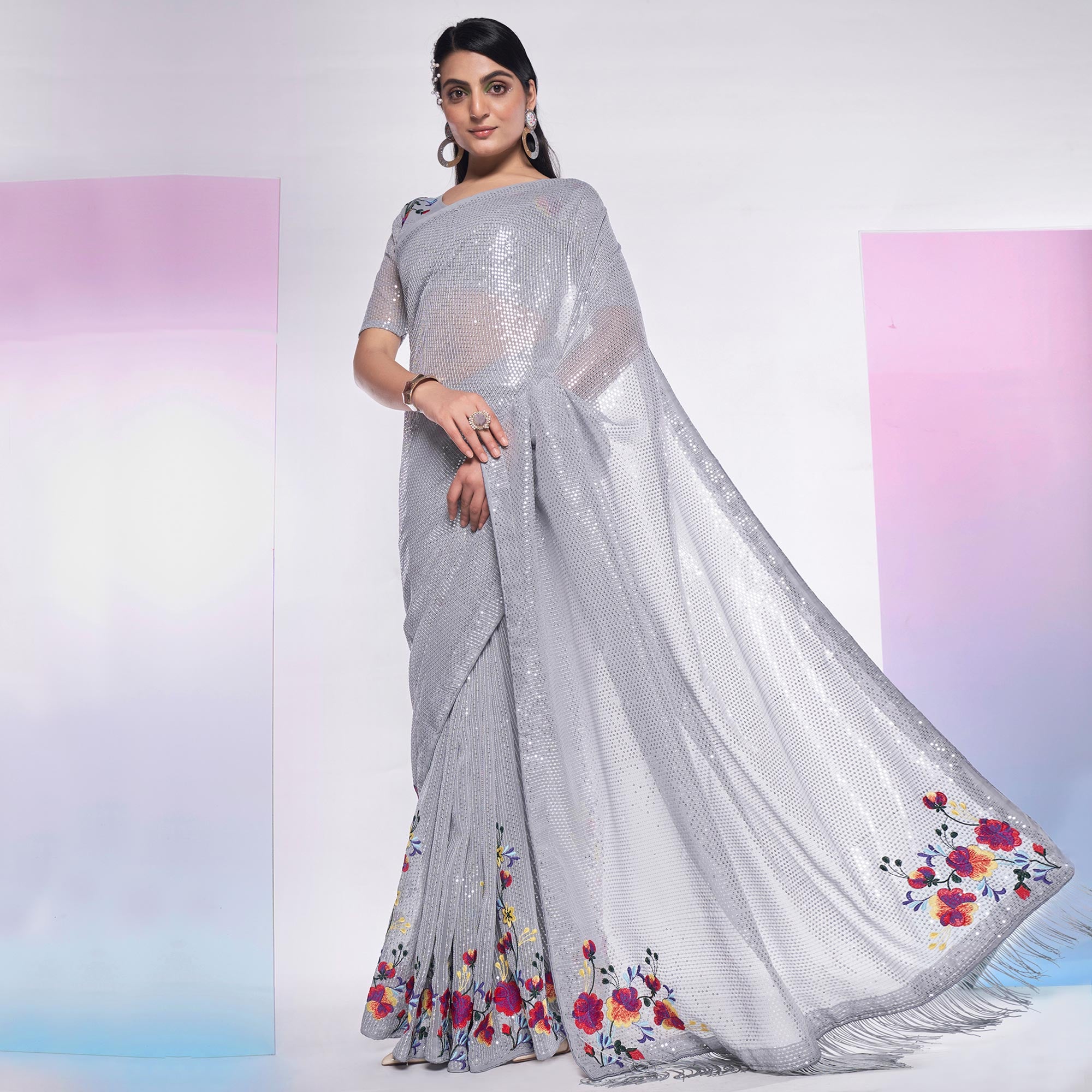 Grey Sequins Embroidered Georgette Saree