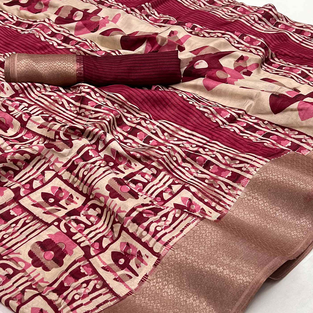 Maroon Printed With Woven Border Dola Silk Saree