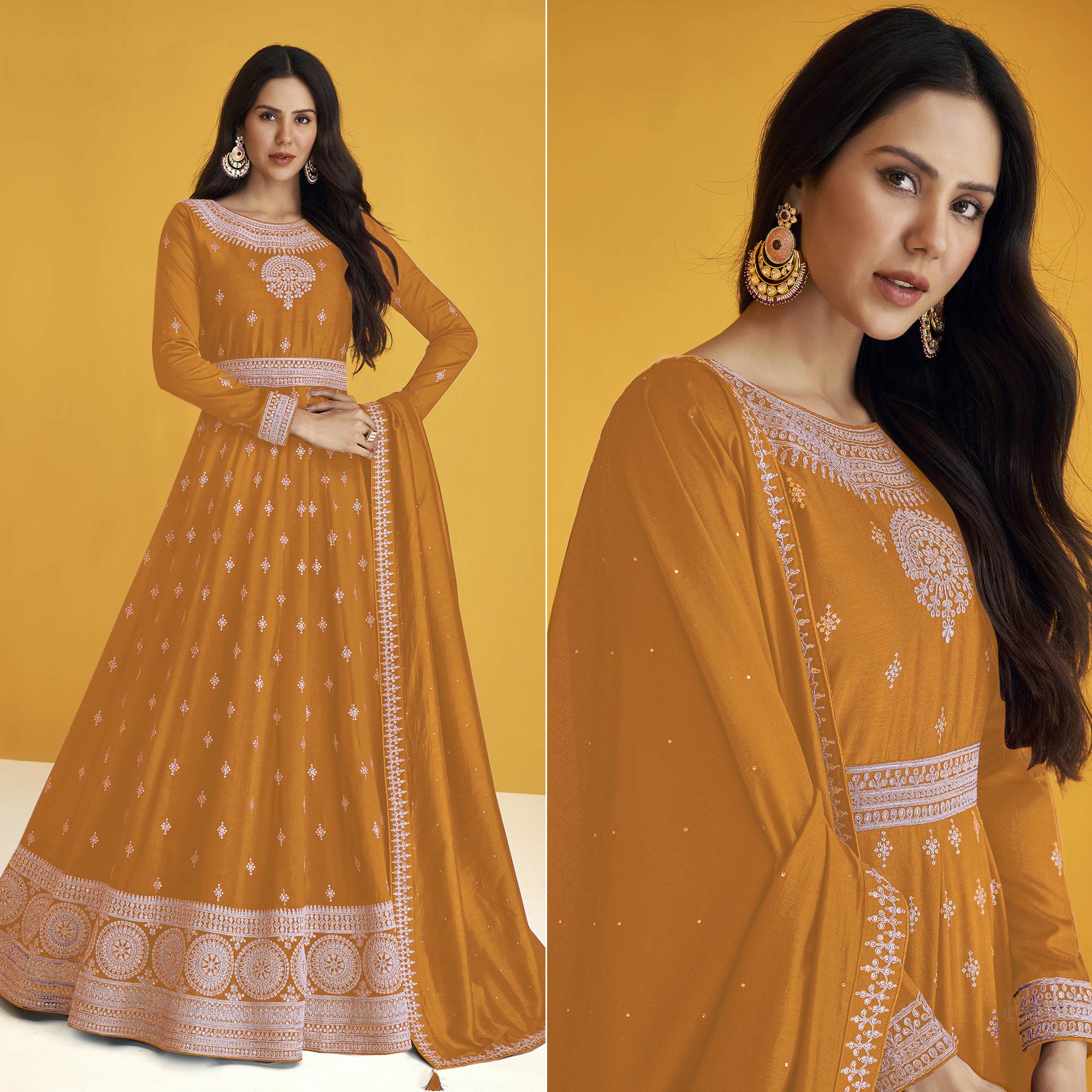 Yellow Orange Sequins Embroidered Georgette Semi Stitched Anarkali Suit
