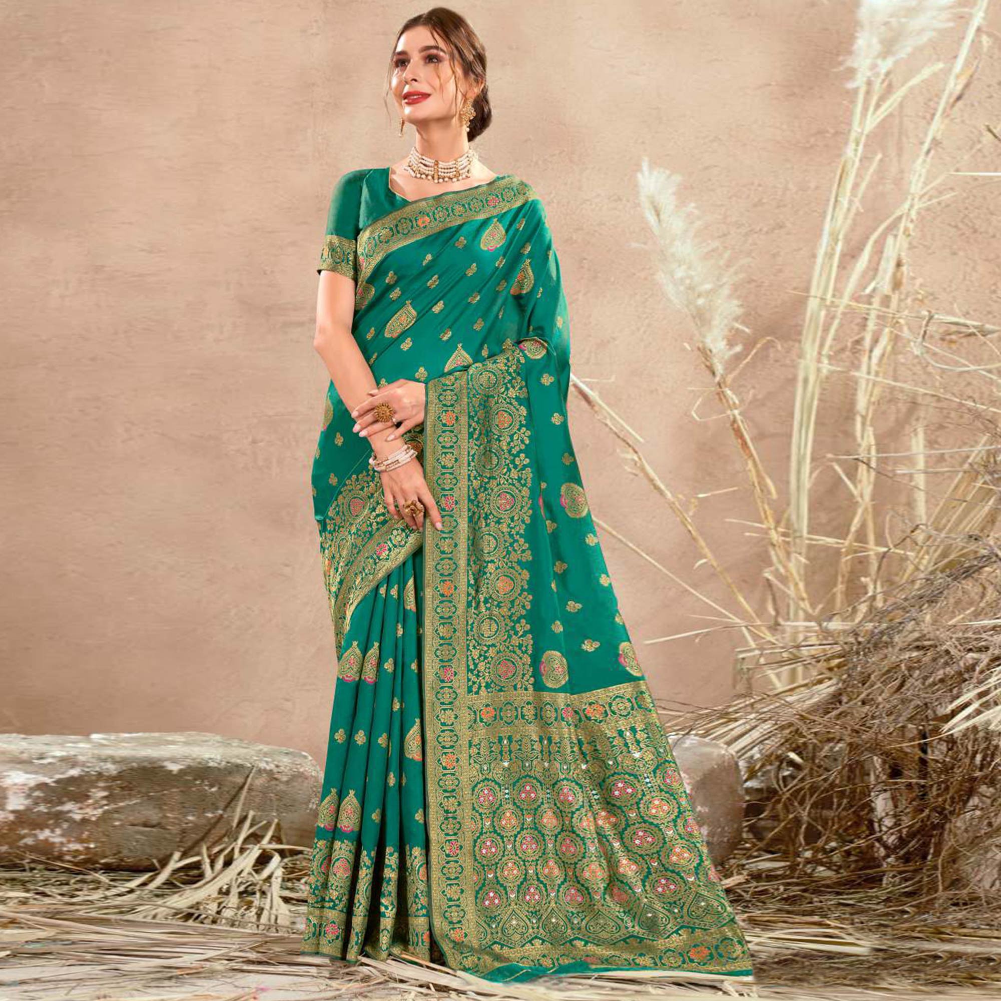 Rama Green Floral Woven Art Silk Saree