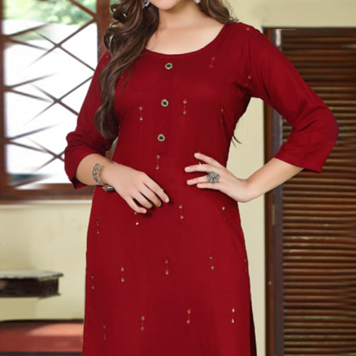 Maroon Embroidered Rayon Kurti