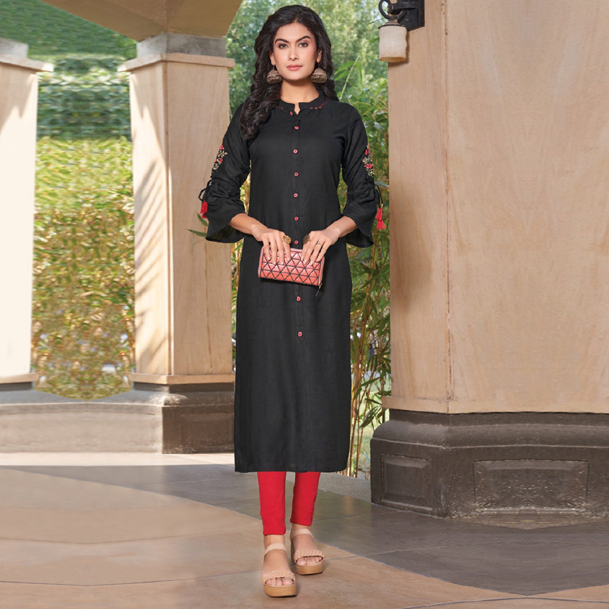 Black Floral Embroidered Rayon Kurti