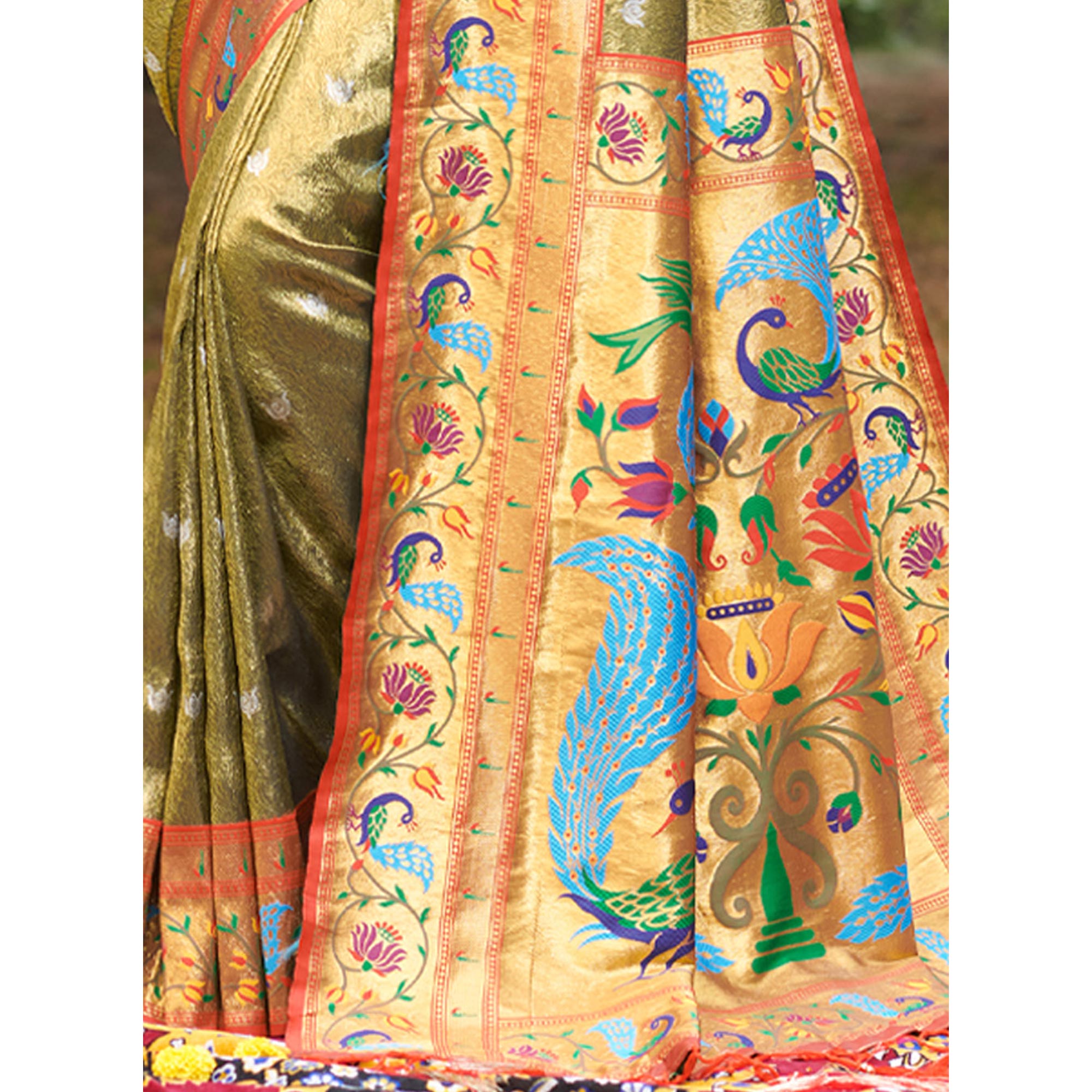 Mehendi Green Woven Art Silk Paithani Saree With Tassels