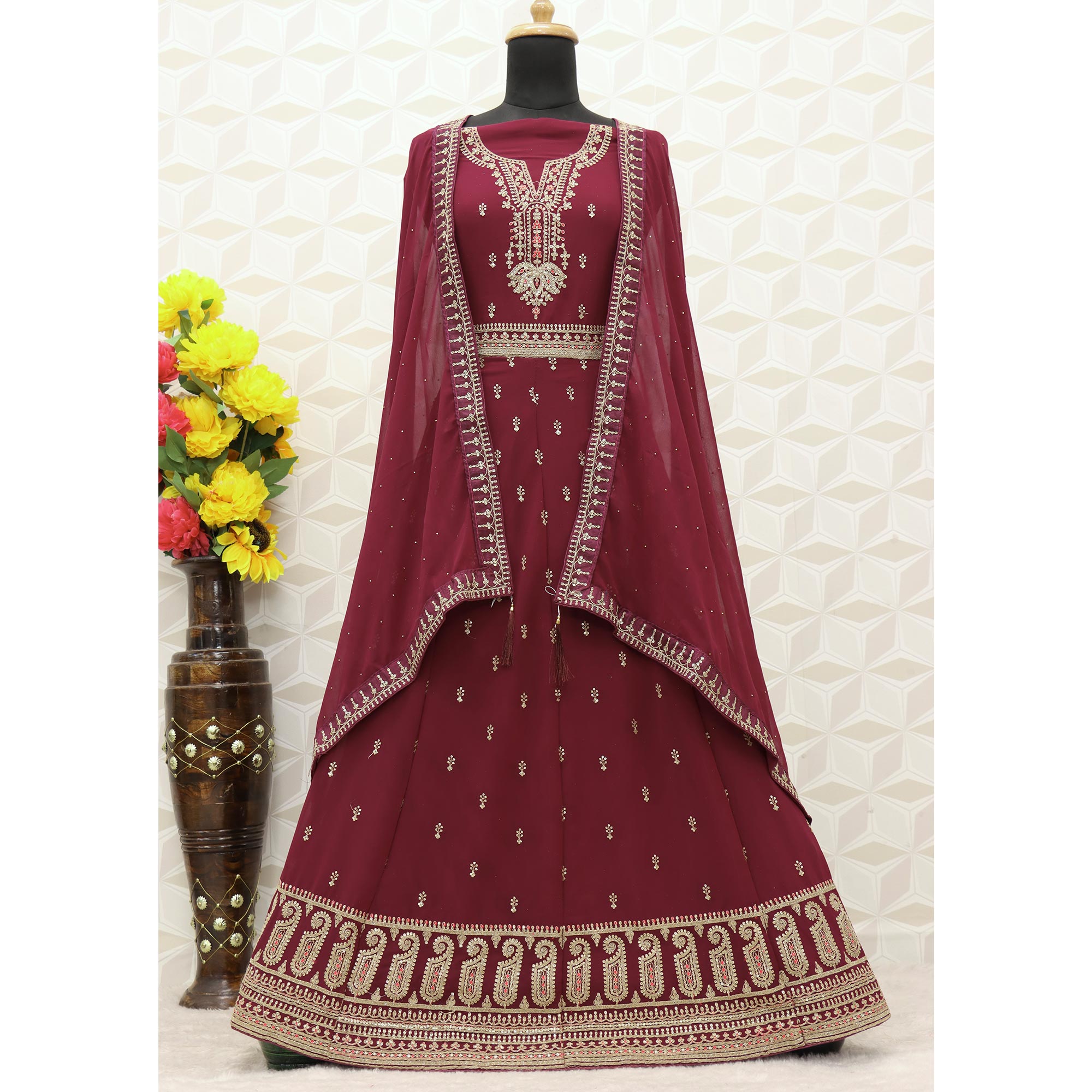 Maroon Sequins Embroidered Georgette Semi Anarkali Suit