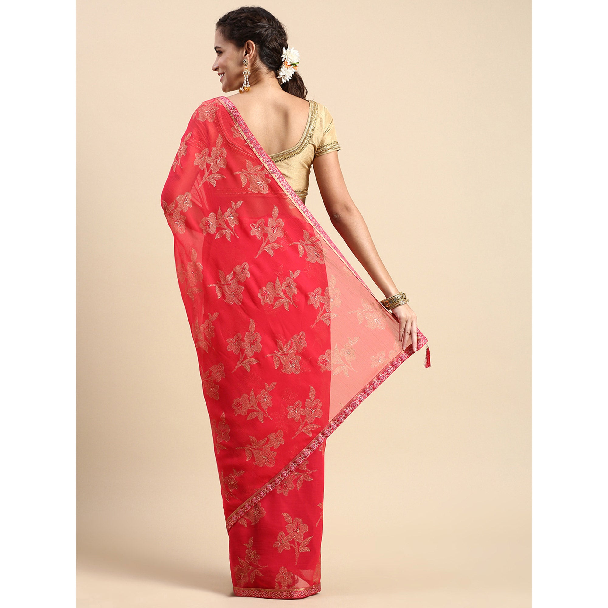 Pink Floral Foil Printed Zomato Saree