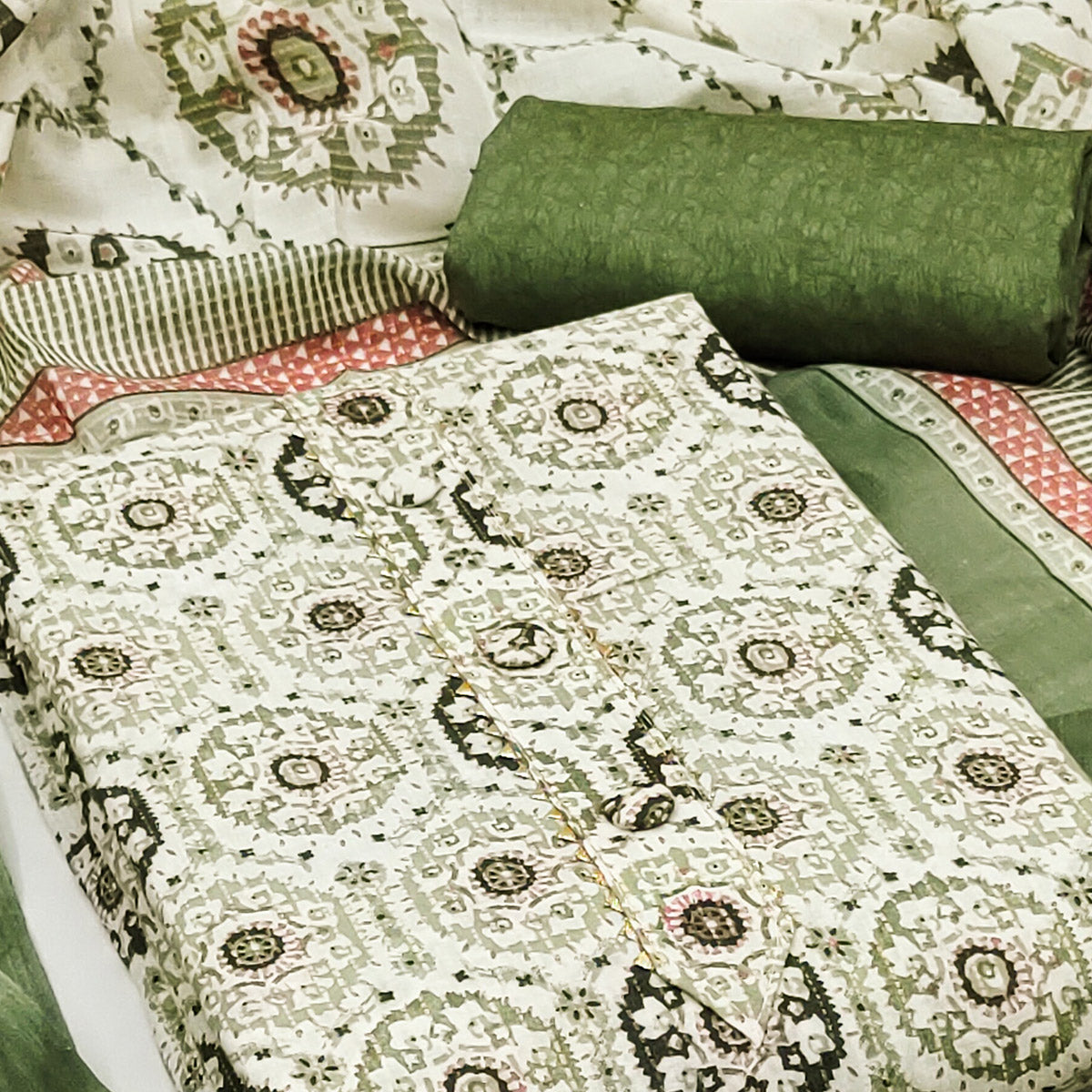 Green Printed Pure Cotton Dress Material