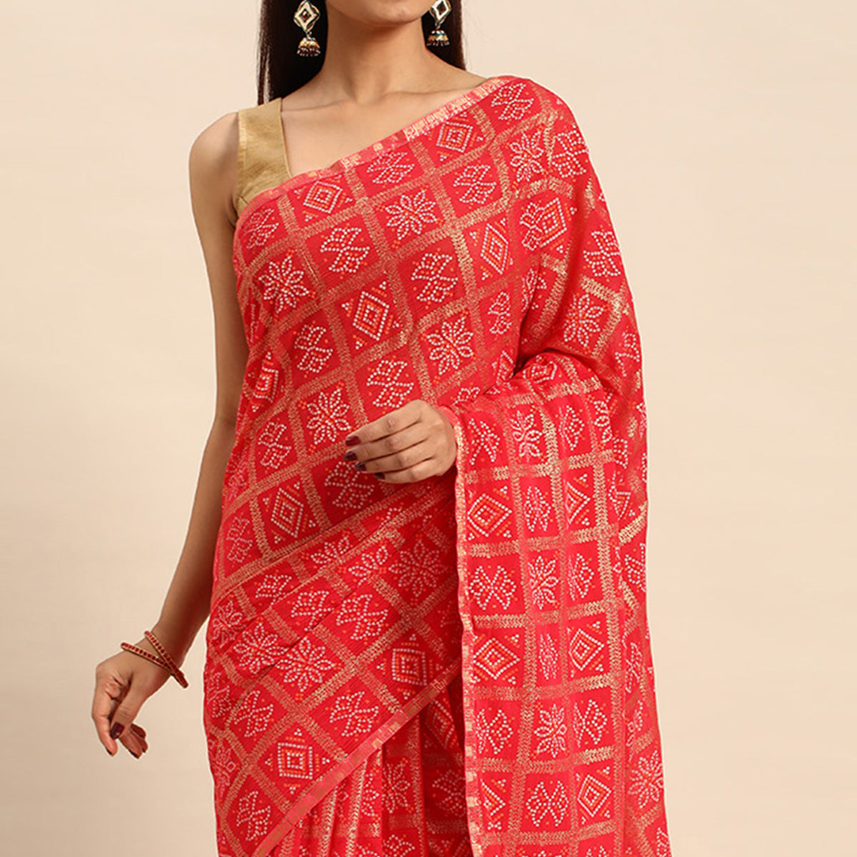 Pink Bandhani Foil Printed Zomato Saree With Tassels