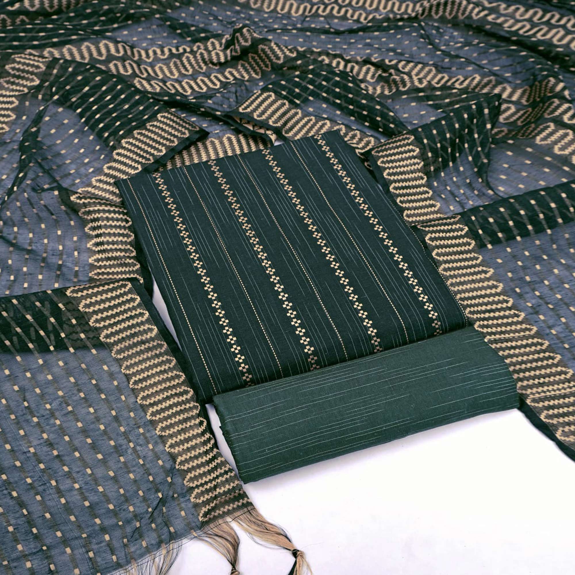 Green Woven Cotton Blend Dress Material