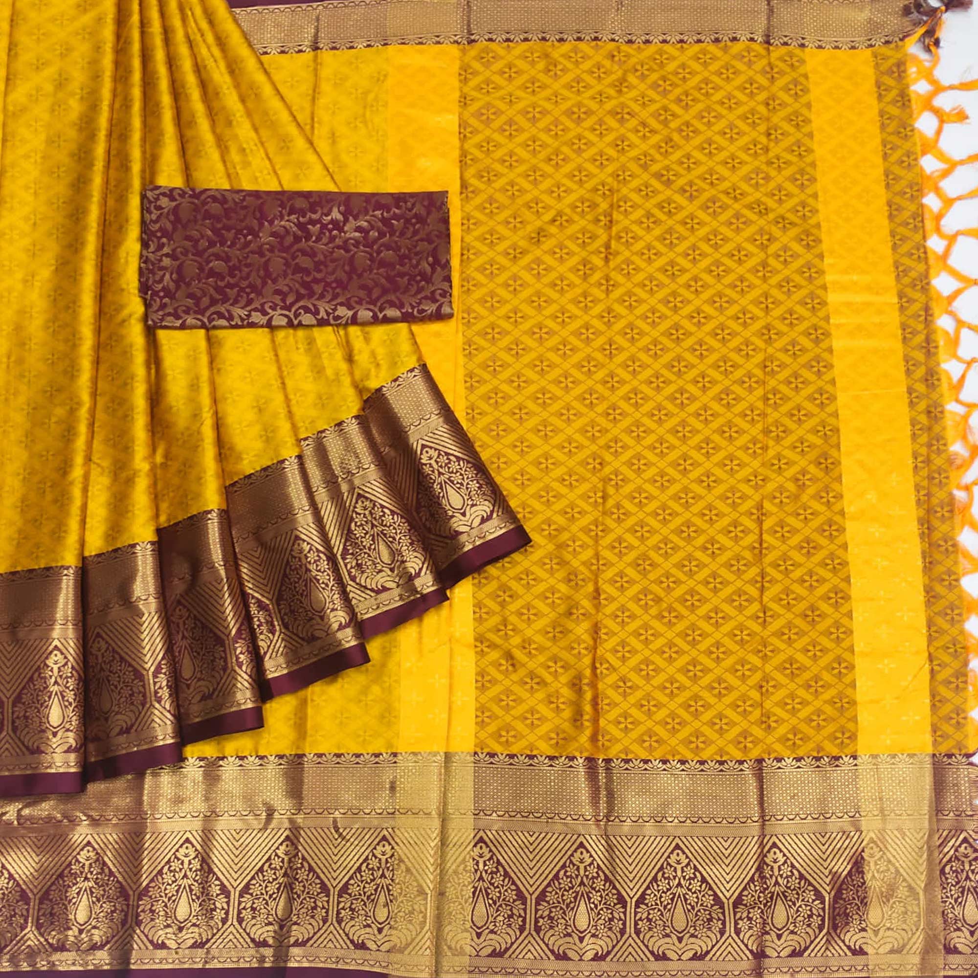 Mustard Woven Cotton Silk Saree With Tassels
