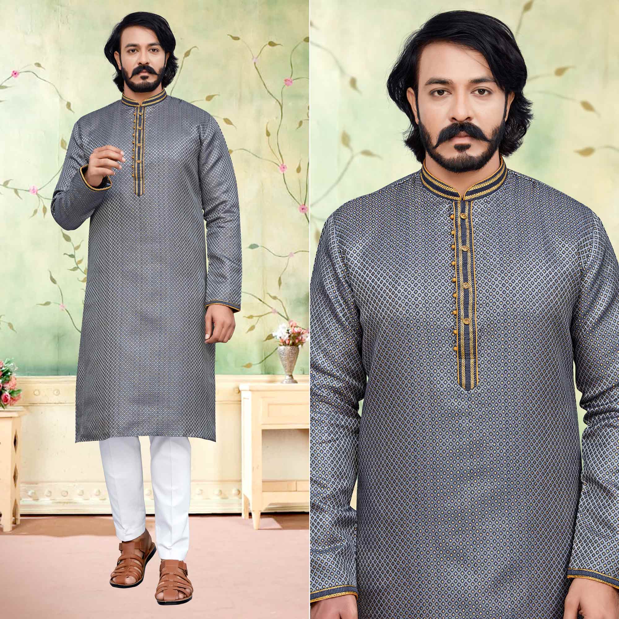Grey Woven Jacquard Kurta Pyjama Set