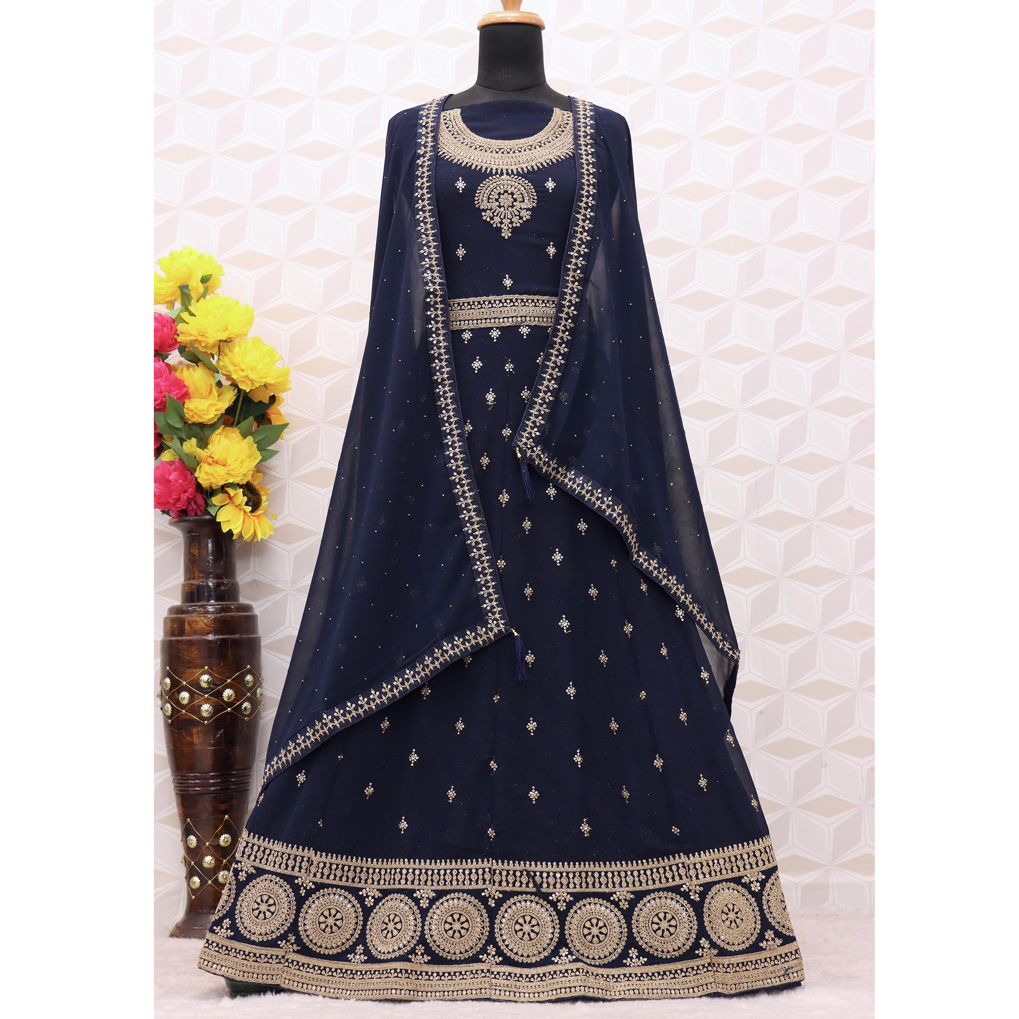 Navy Blue Sequins Embroidered Georgette Semi Stitched Anarkali Suit