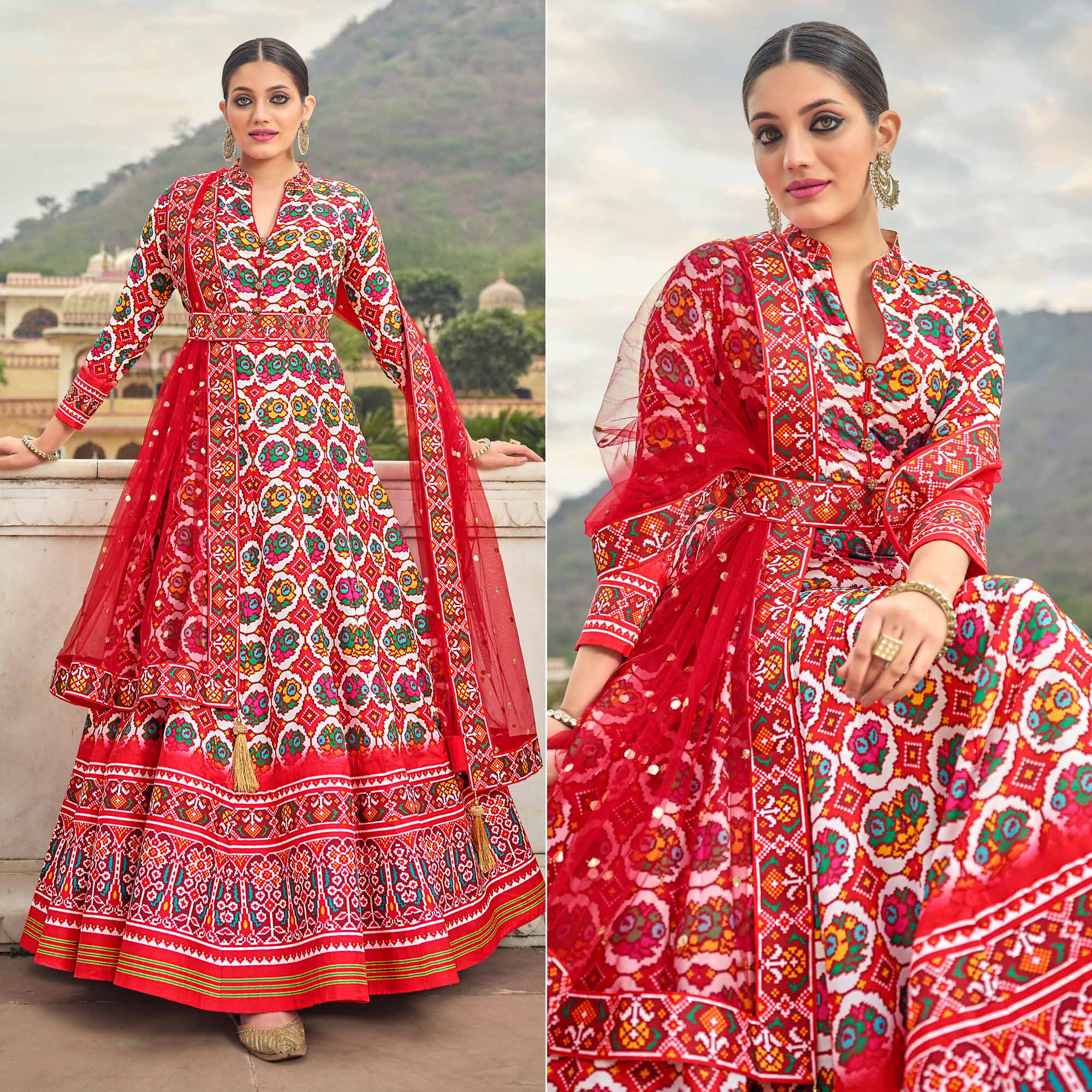 Red Patola Digital Printed Dola Silk Gown