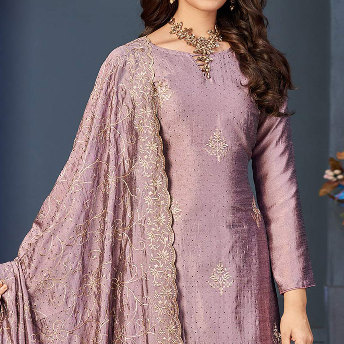 Purple Sequins Embroidered Vichitra Silk Suit