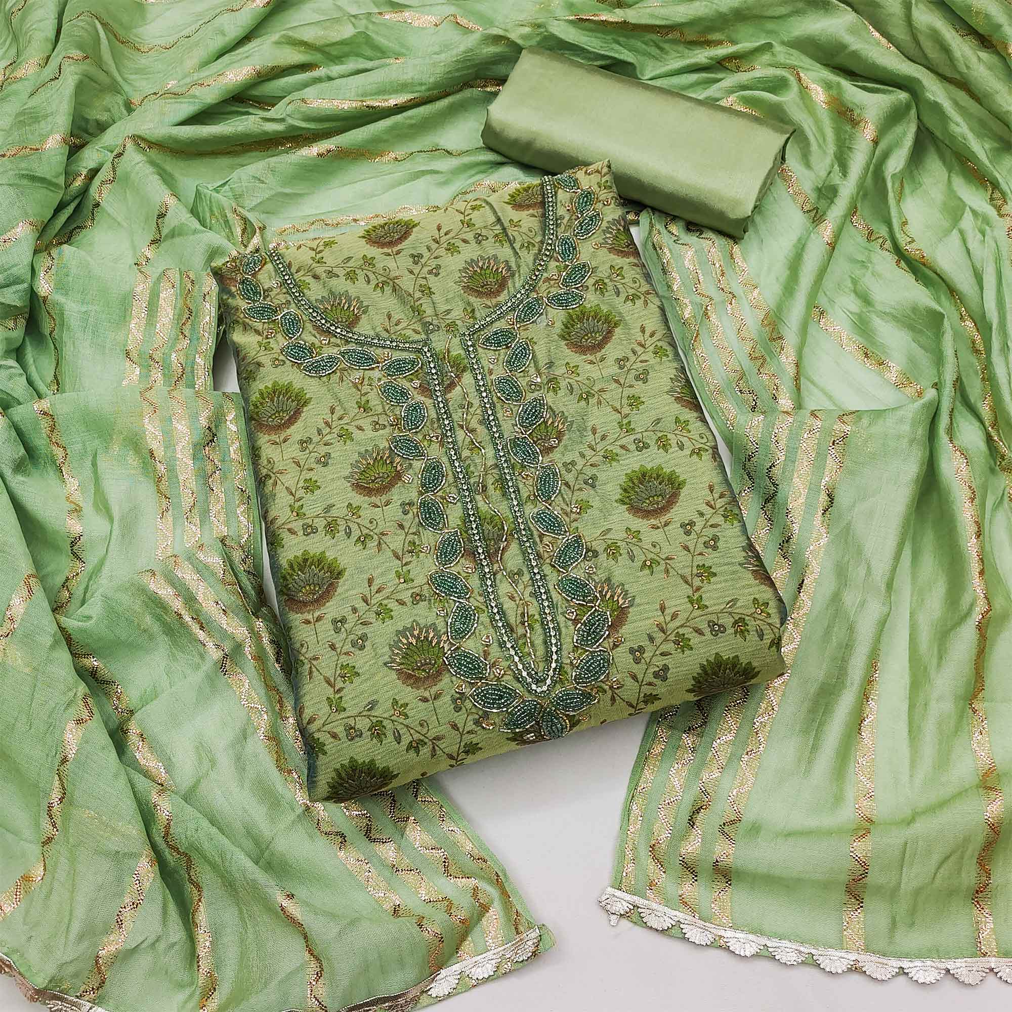 Green Printed With Handwork Modal Dress Material