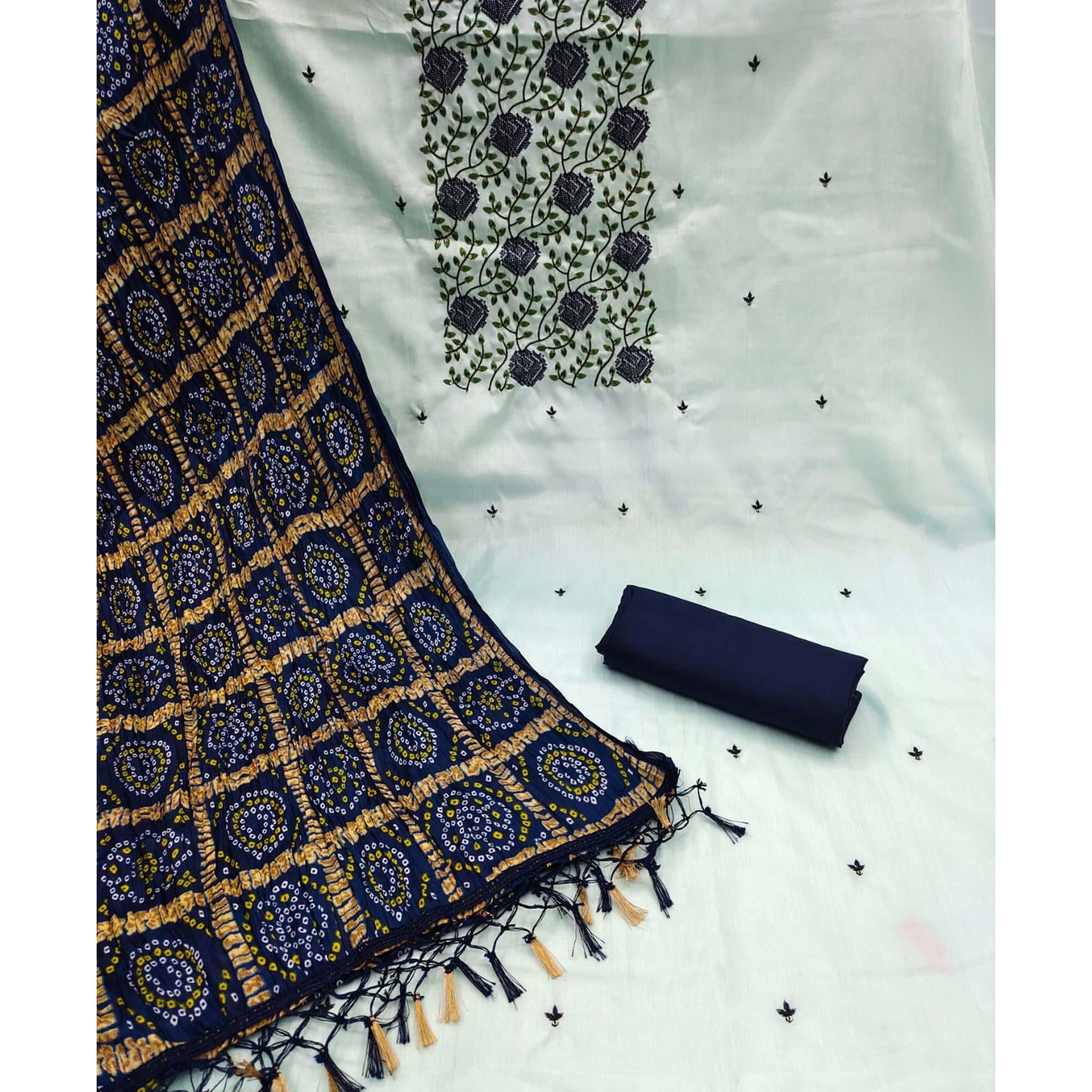 Light Blue Embroidered Art Silk Dress Material