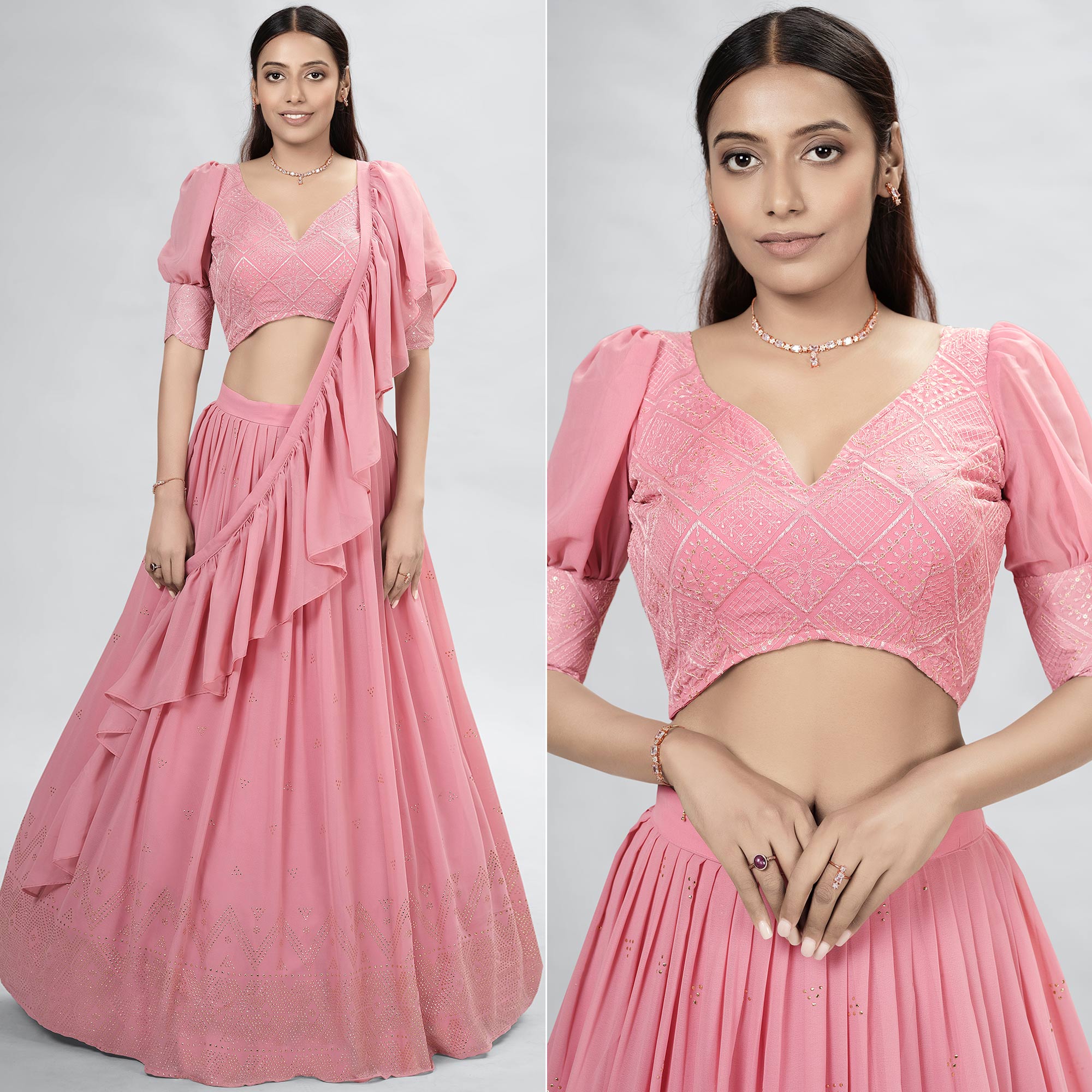 Pink Embellished With Embroidered Georgette Lehenga Choli
