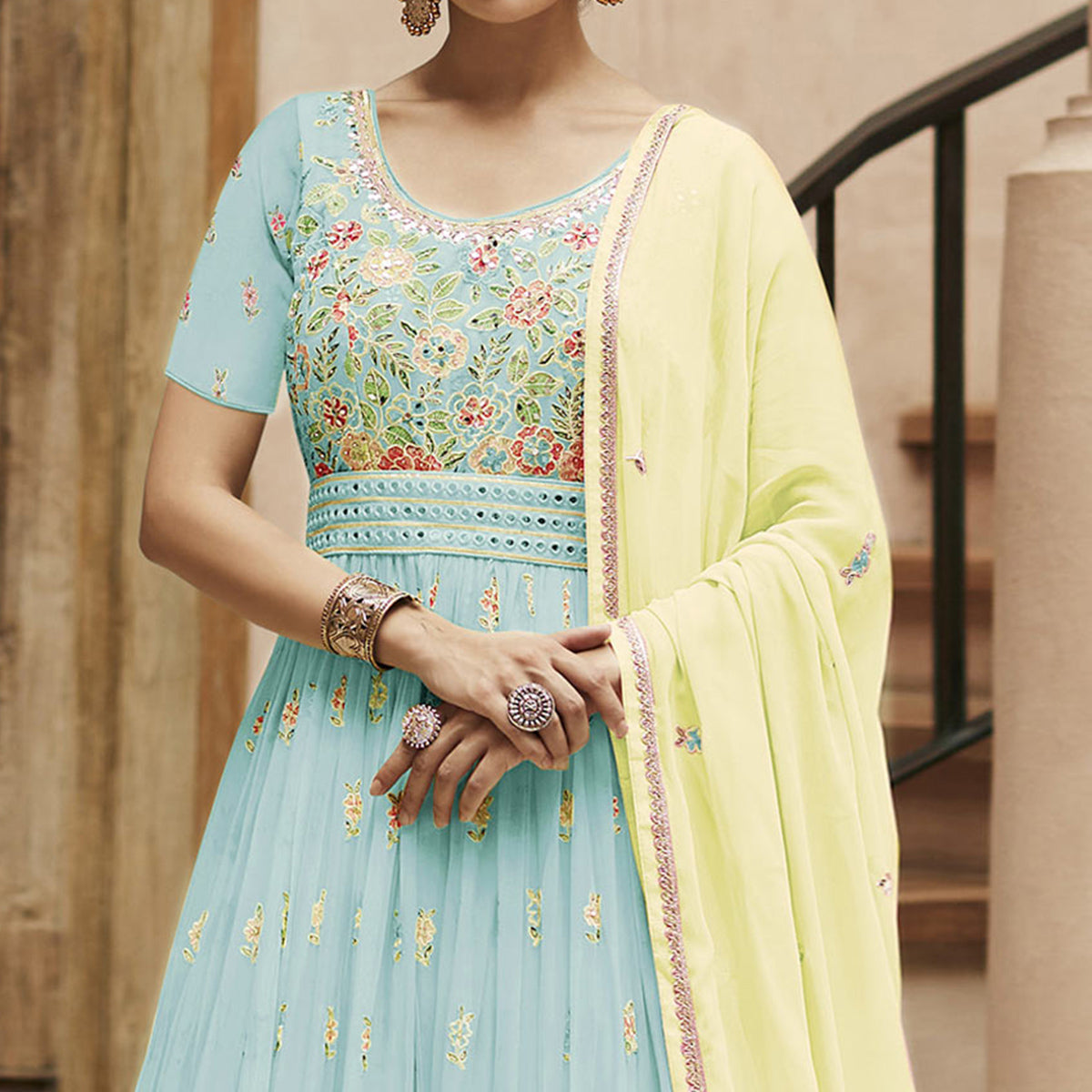 Light Sky Blue Sequins Floral Embroidered Georgette Semi Stitched Anarkali Suit