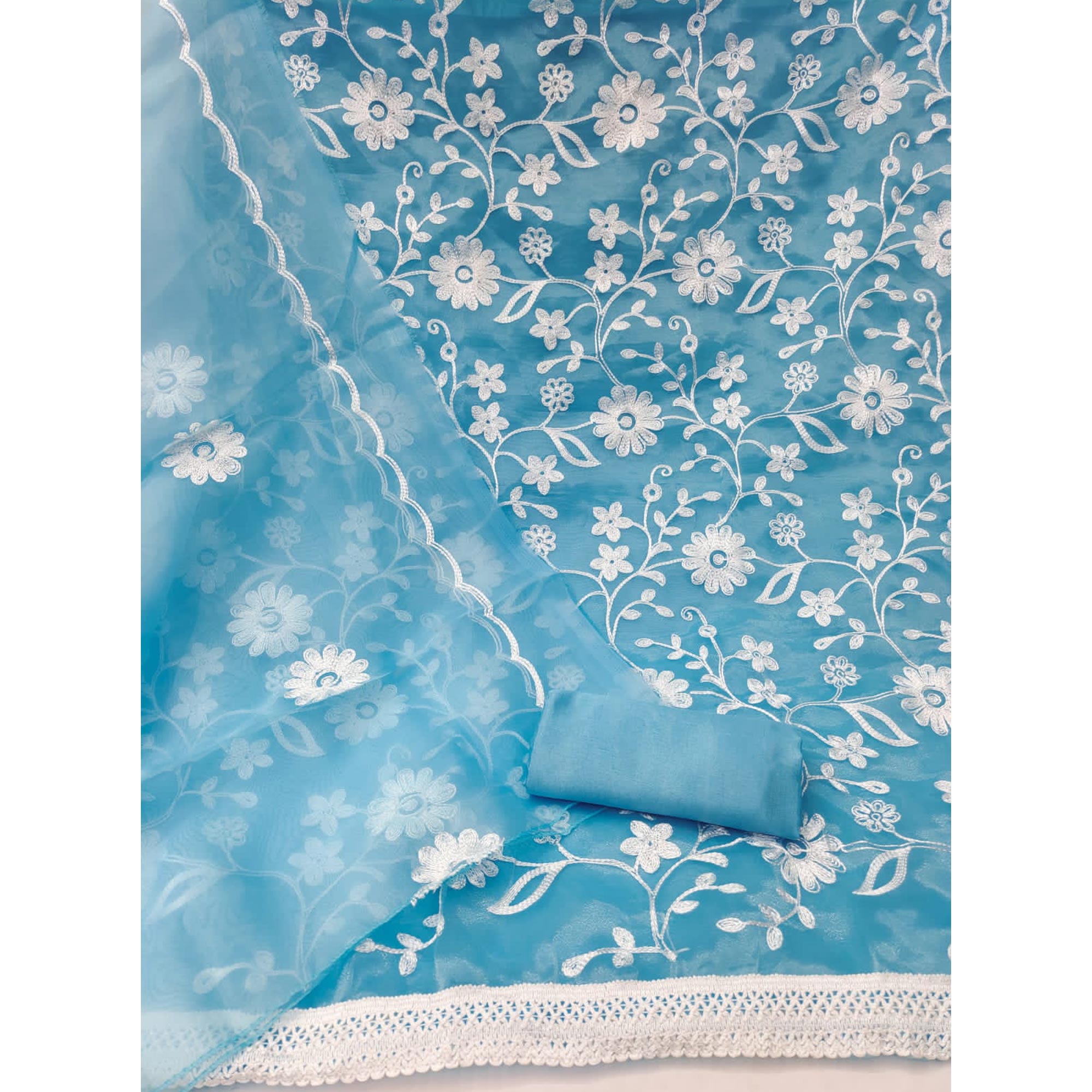 Sky Blue Floral Embroidered Organza Dress Material