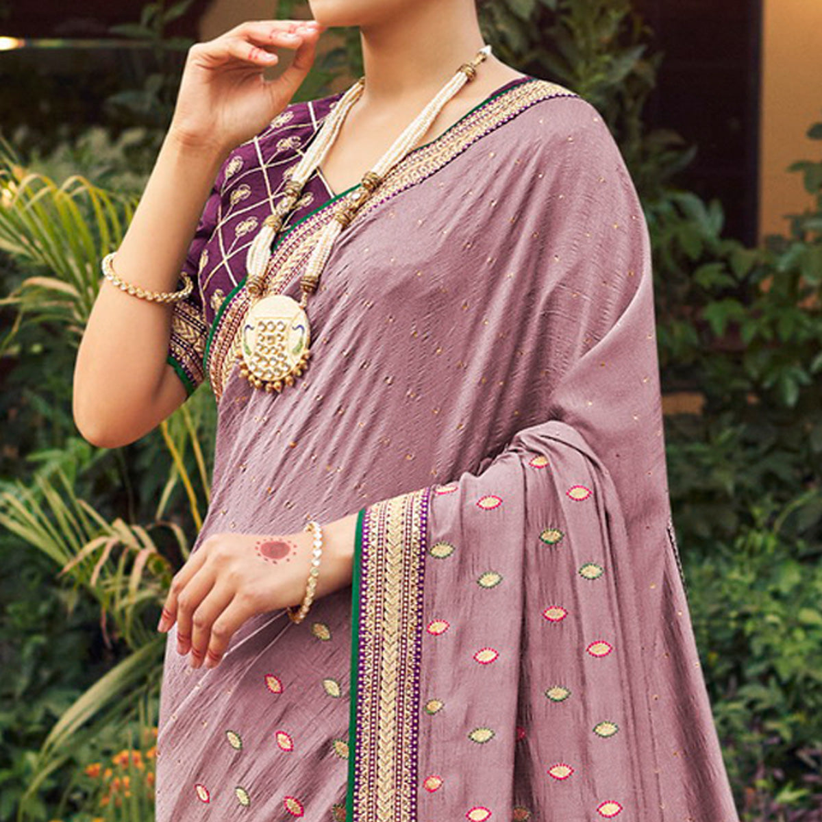 Dusty Pink Embroidered With Stone Work Vichitra Silk Saree