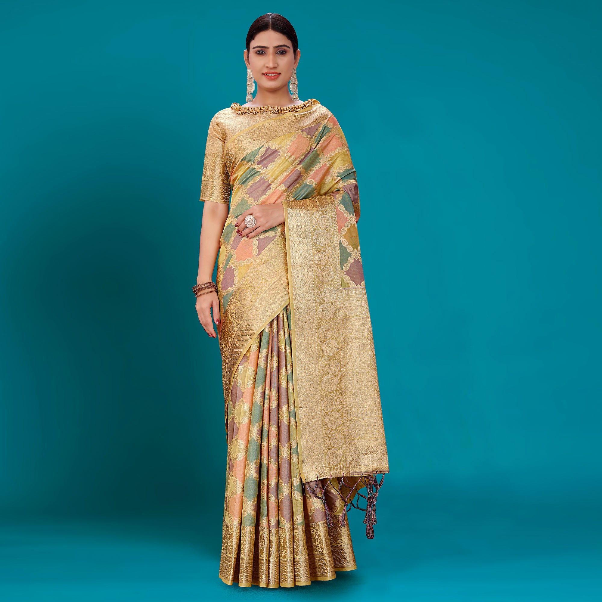 Light Pista Green Woven Organza Saree With Tassels