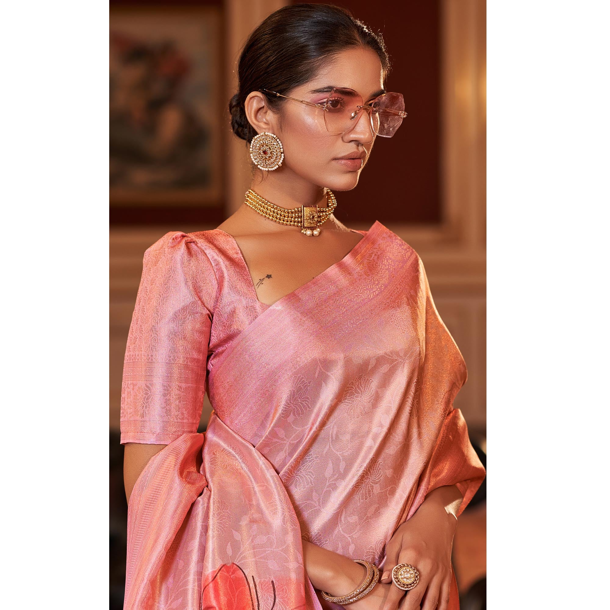 Pink Woven Jacquard Saree With Tassels