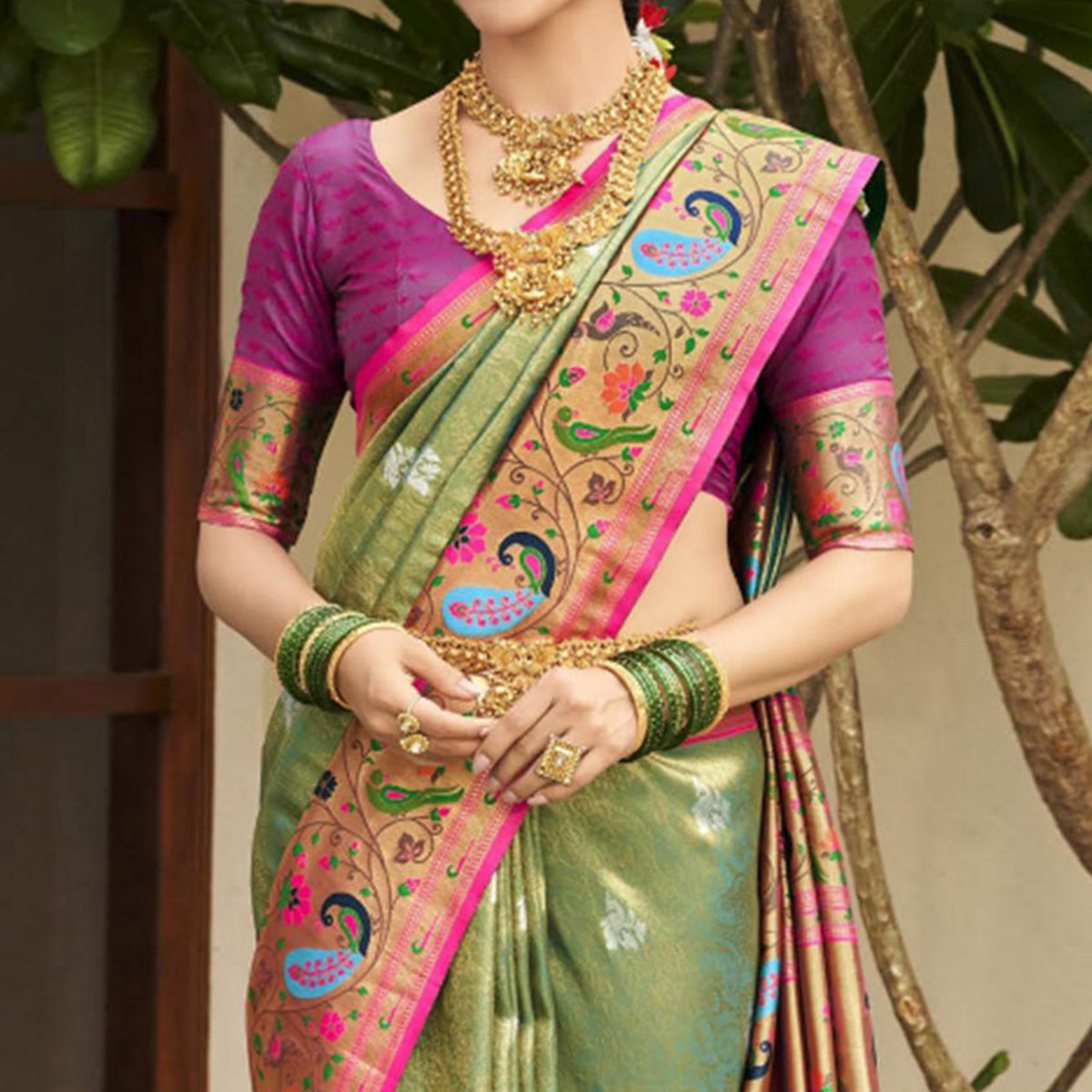 Green Woven Kanjivaram Silk Paithani Saree With Tassels