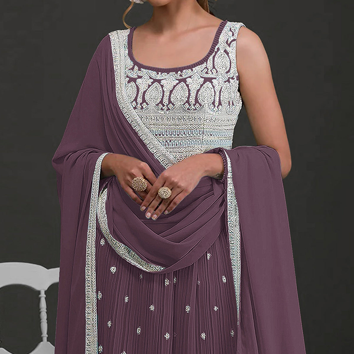 Plum Purple Sequins Embroidered Georgette Semi Stitched Naira Cut Palazzo Suit