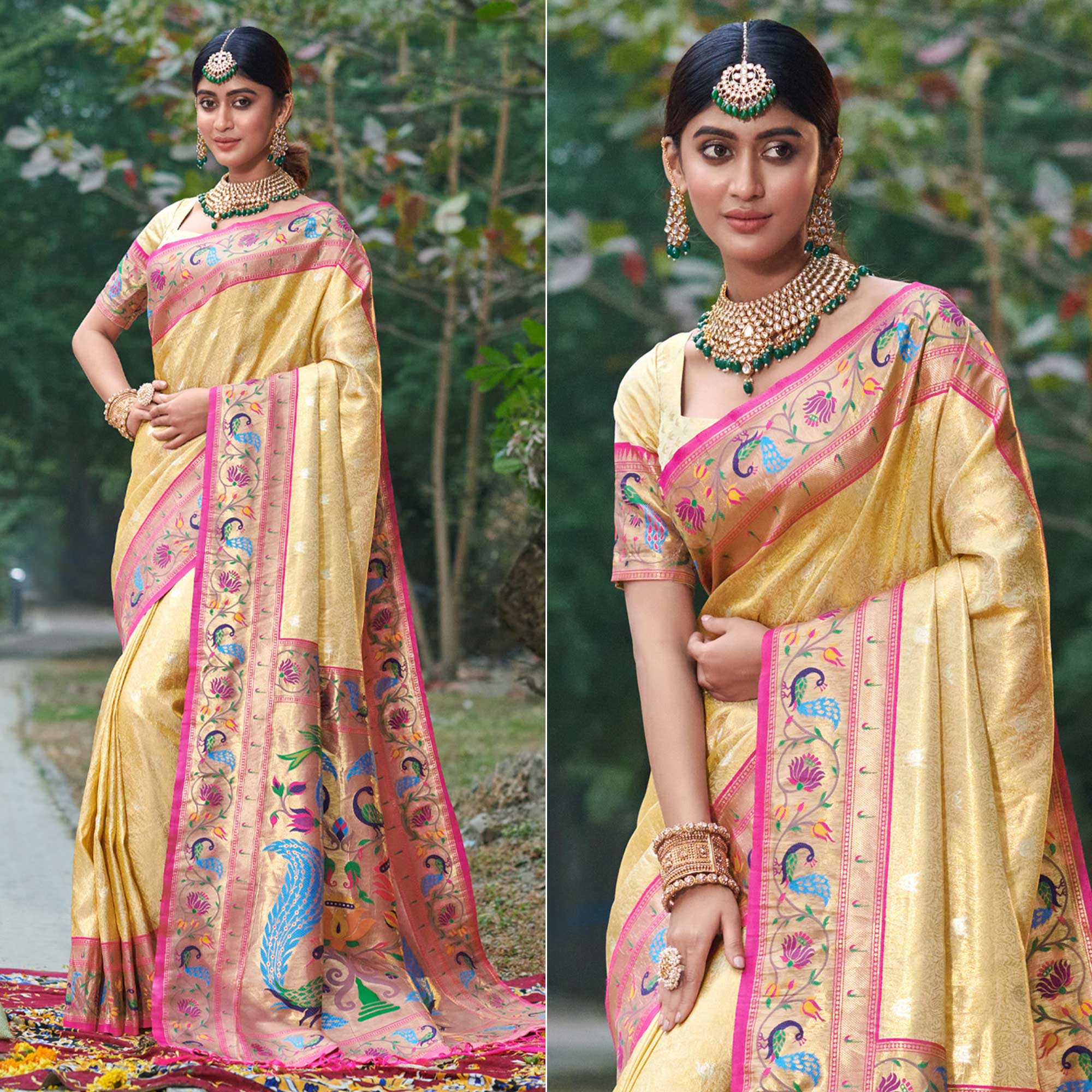 Cream Woven Art Silk Paithani Saree With Tassels