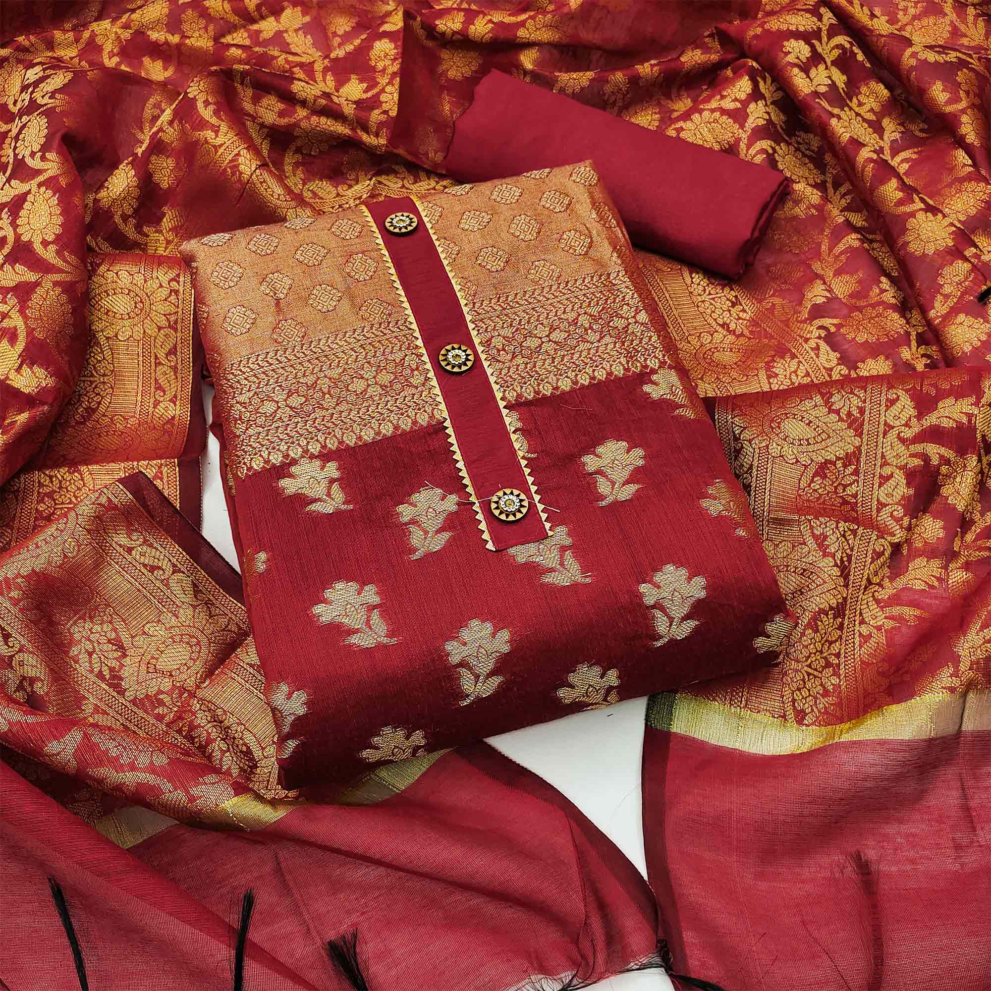 Red Floral Woven Banarasi Silk Dress Material