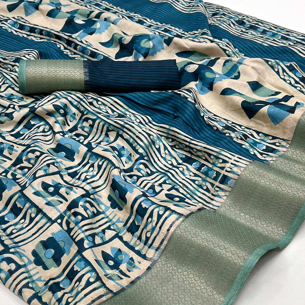 Blue Printed With Woven Border Dola Silk Saree