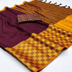 Maroon Woven Cotton Silk Saree With Tassels