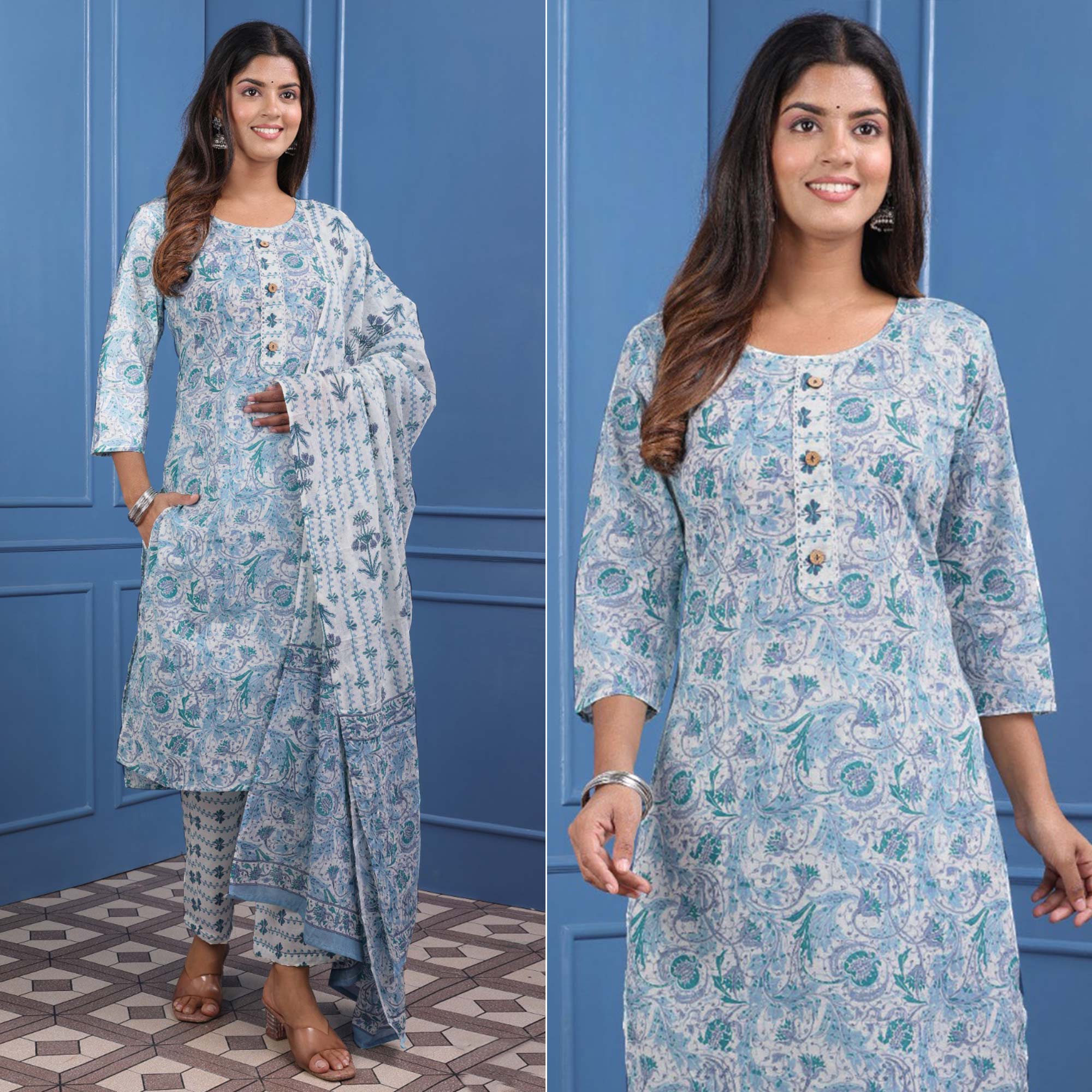 Blue Floral Printed Pure Cotton Suit