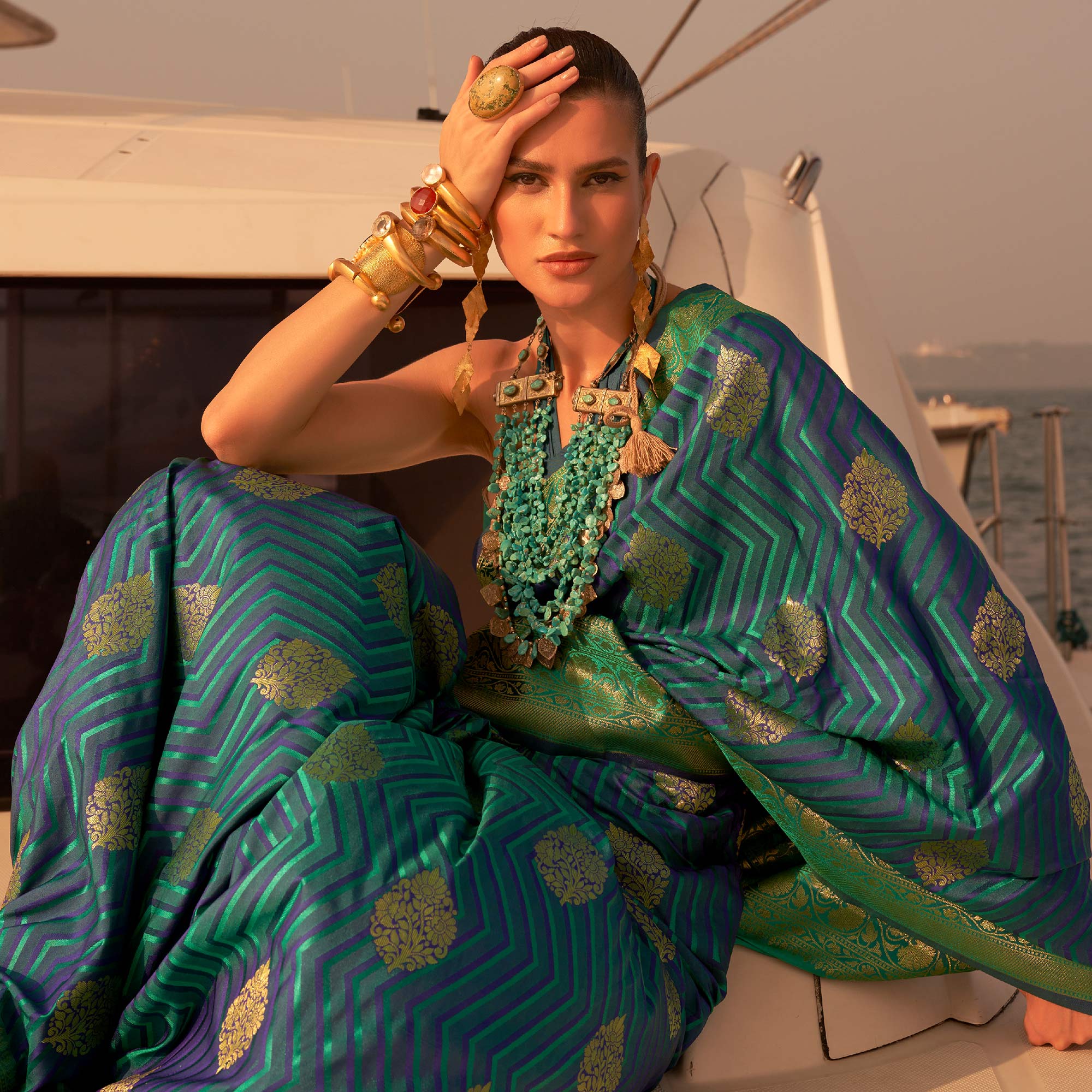 Blue & Green Woven Satin Saree With Tassels