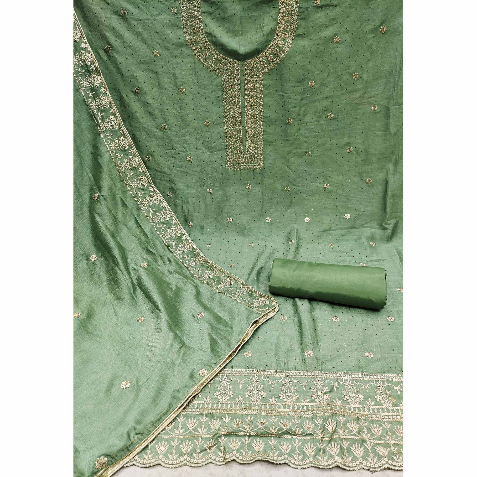 Green Floral Embroidered Modal Dress Material