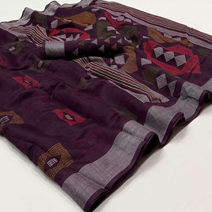 Purple Geometric Printed Cotton Blend Saree