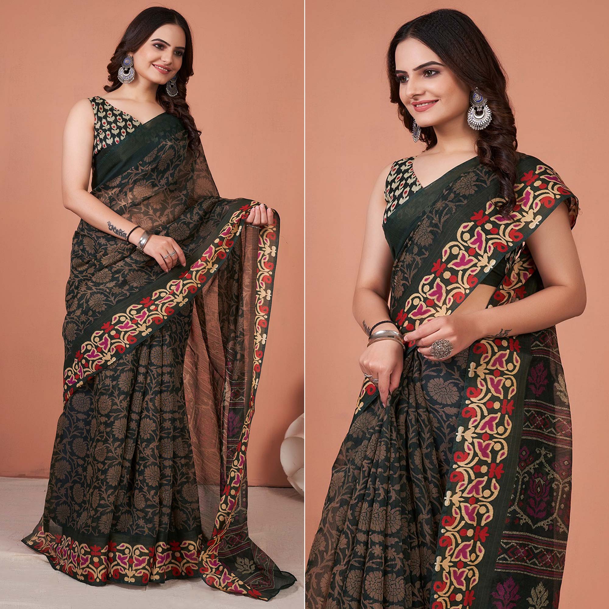 Green Floral Printed Cotton Saree With Tassels