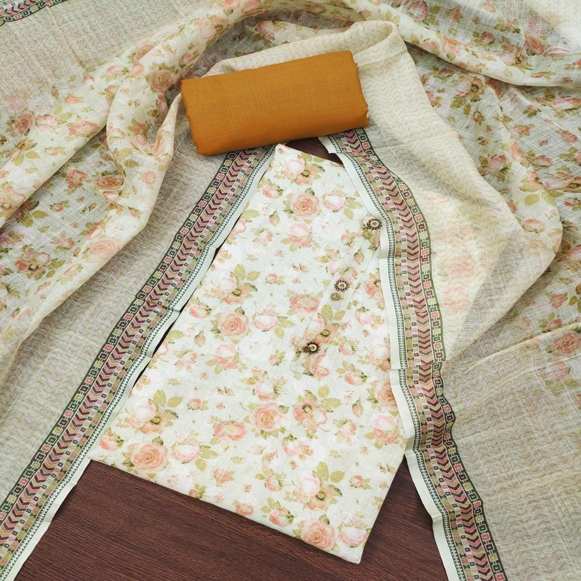 Cream Floral Digital Printed Cotton Dress Material