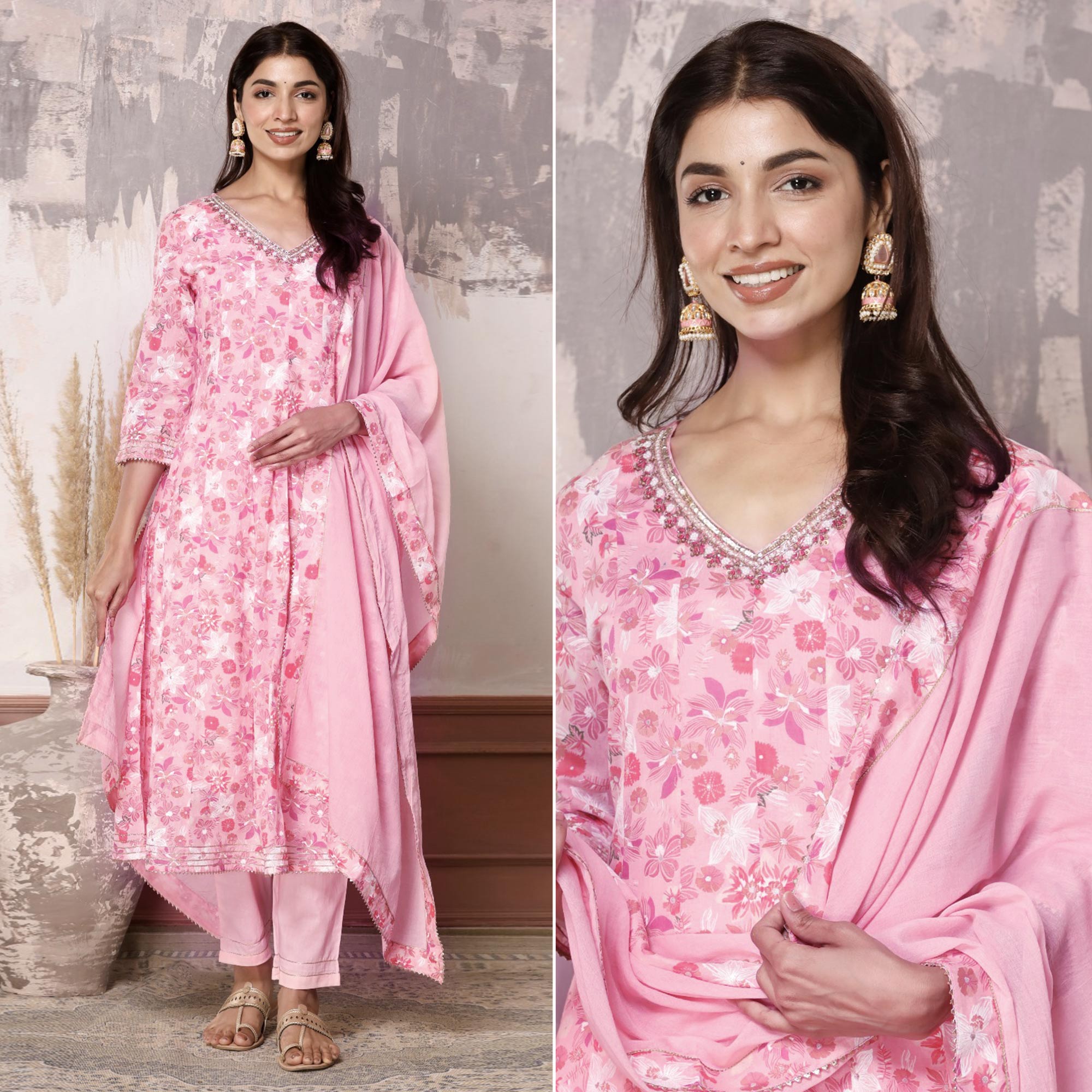 Peach Floral Printed Pure Cotton Anarkali Suit