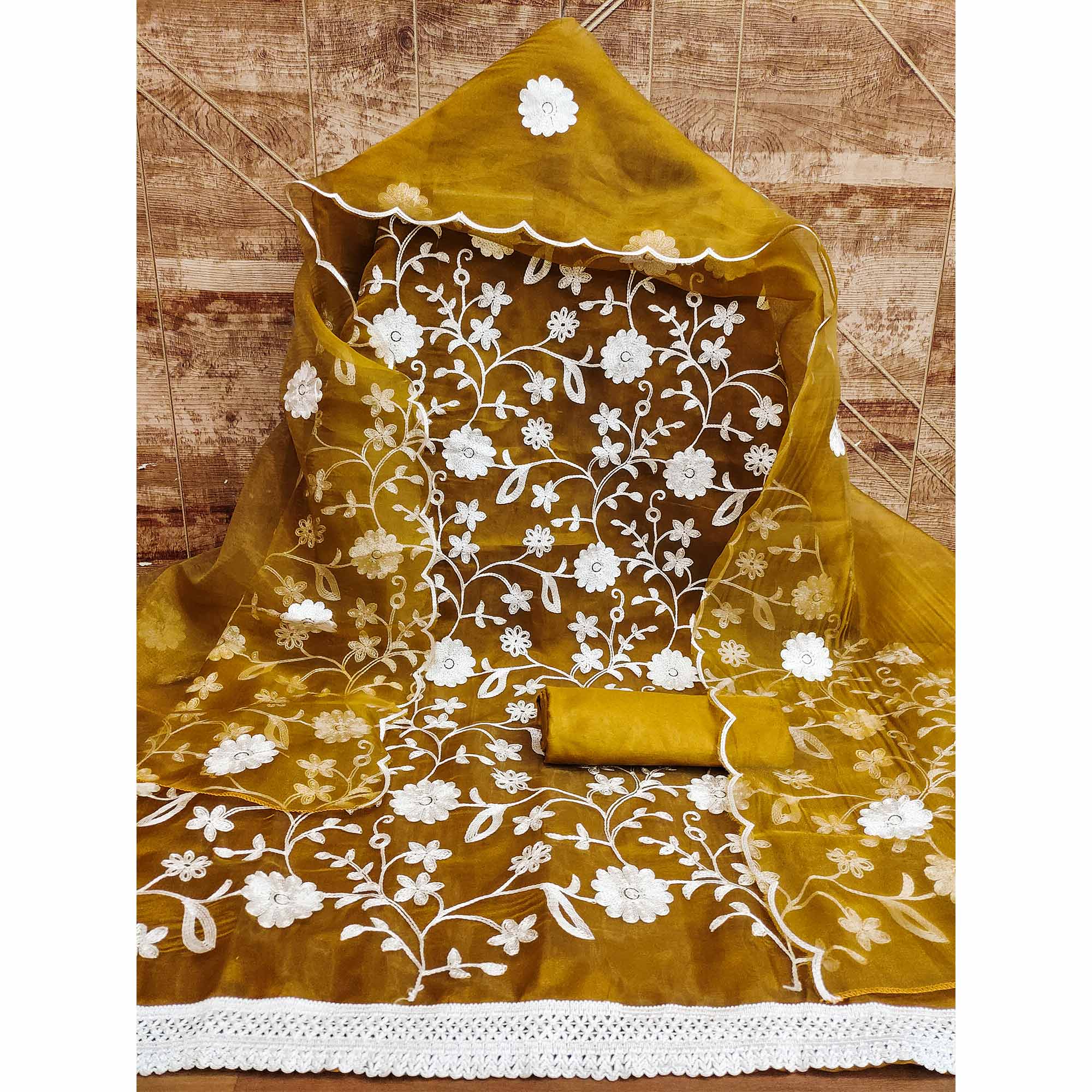 Mustard Floral Embroidered Organza Dress Material