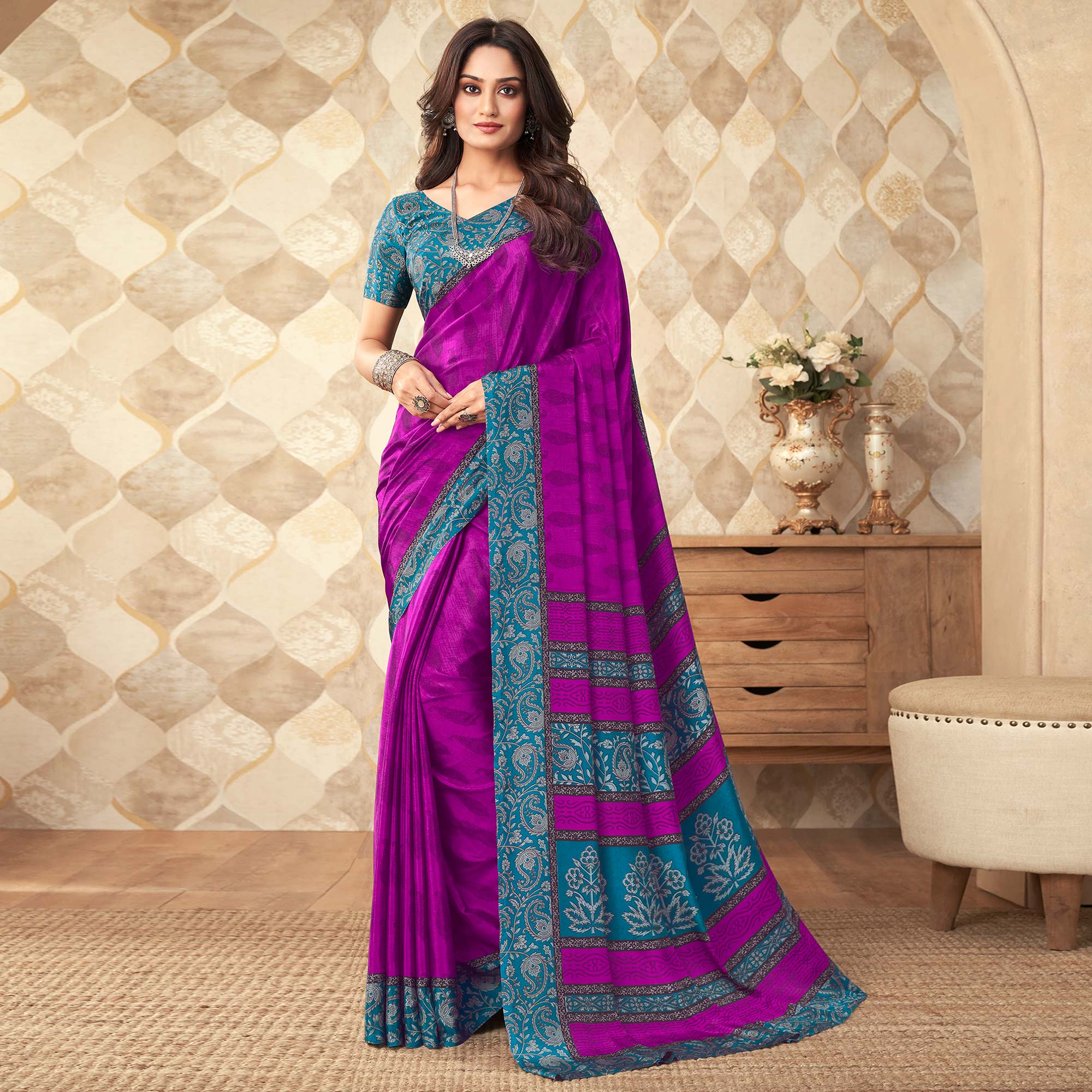 Purple Printed Crepe Saree