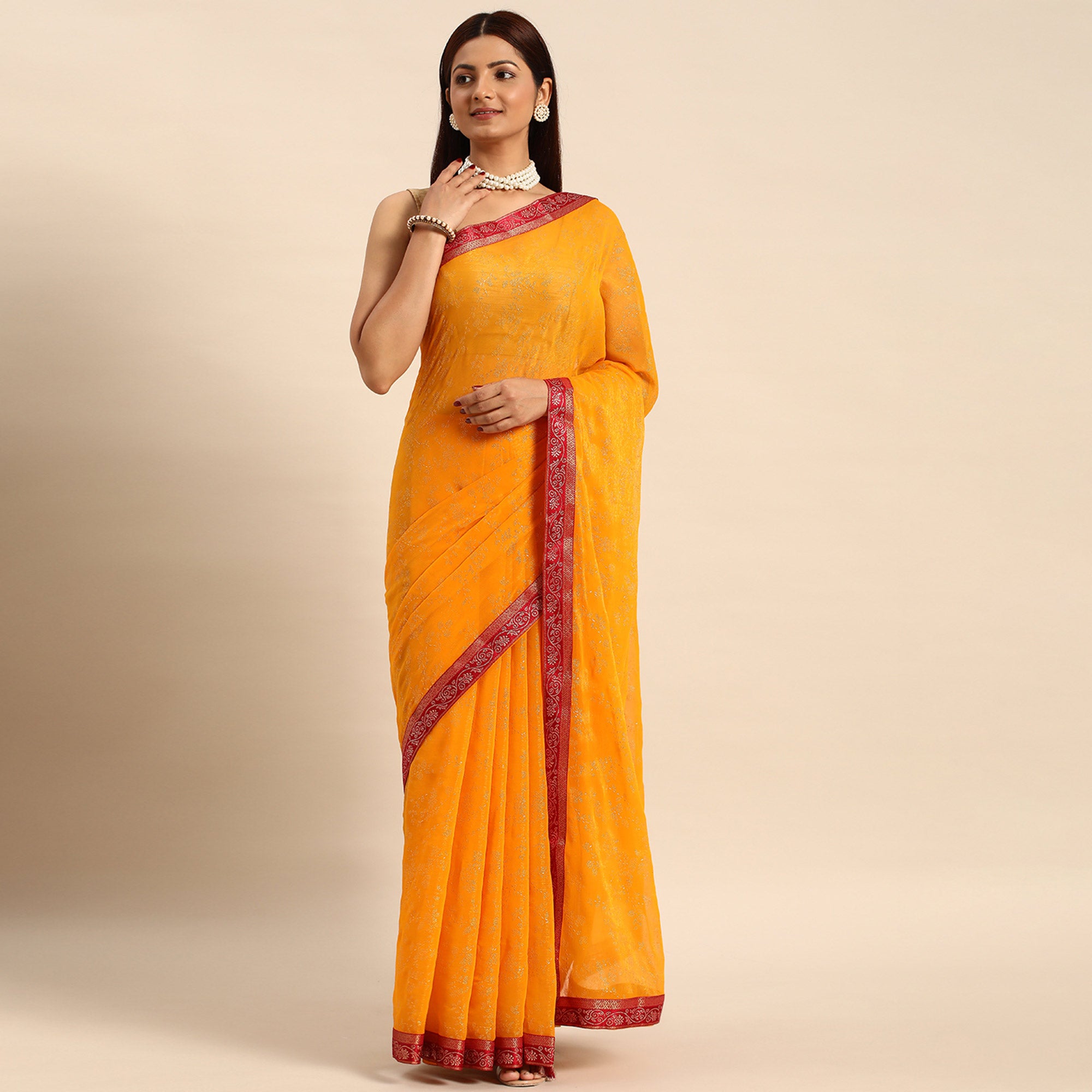 Yellow Floral Foil Printed Shimmer Saree