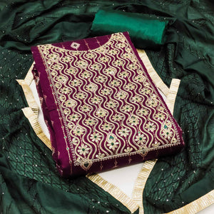 Wine Woven With Embroidered Modal Dress Material